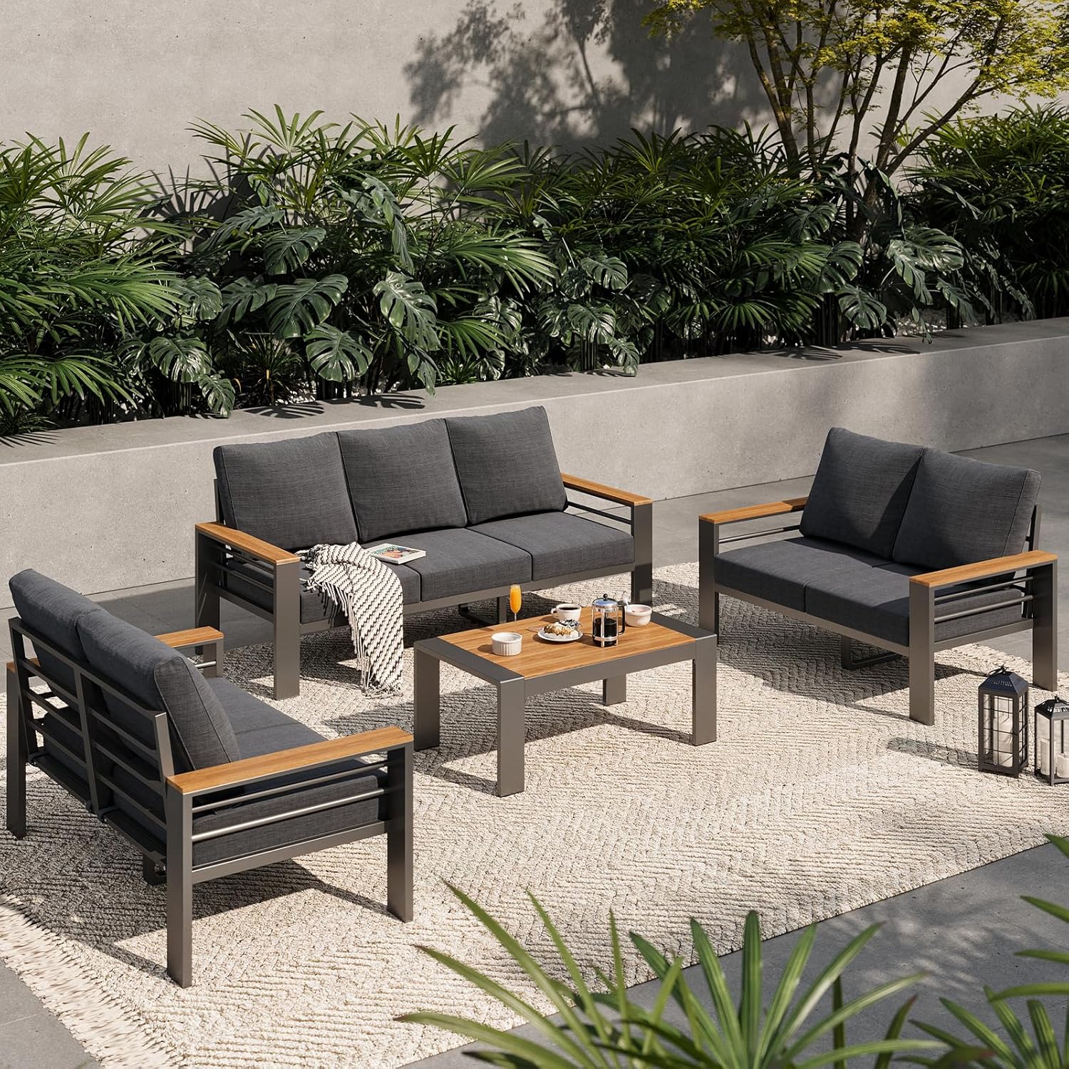 Aoxun Aluminum Outdoor Patio Furniture Set, 5 Seats Outdoor Sectional with Coffee Table, Patio Conversation Sets with Upgraded Armrests and Cushions for Backyard, Garden and Poolside woonhhop