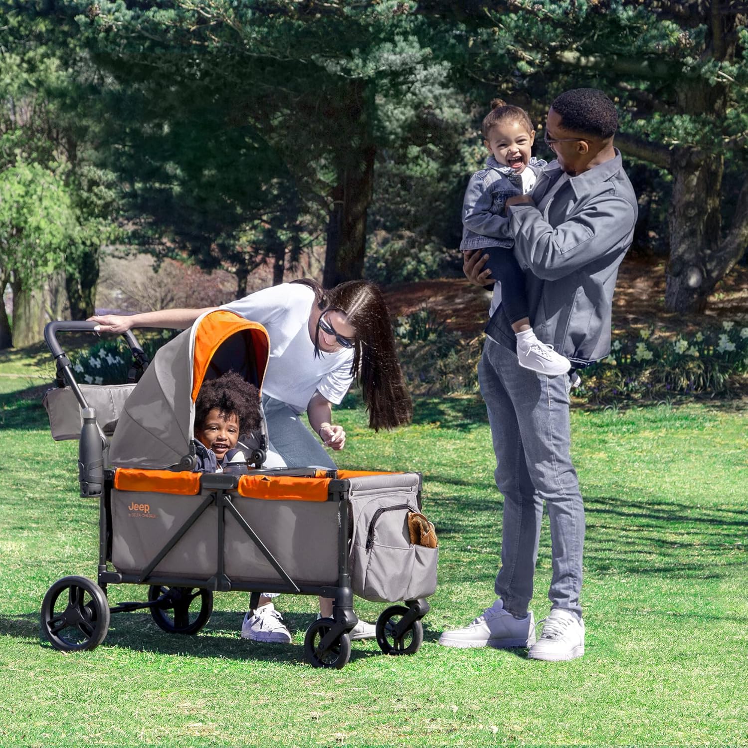Jeep Sport All-Terrain Stroller Wagon by Delta Children - Includes Canopy, Parent Organizer, Adjustable Handlebar, Snack Tray & Cup Holders, Grey/Olive Green wourant
