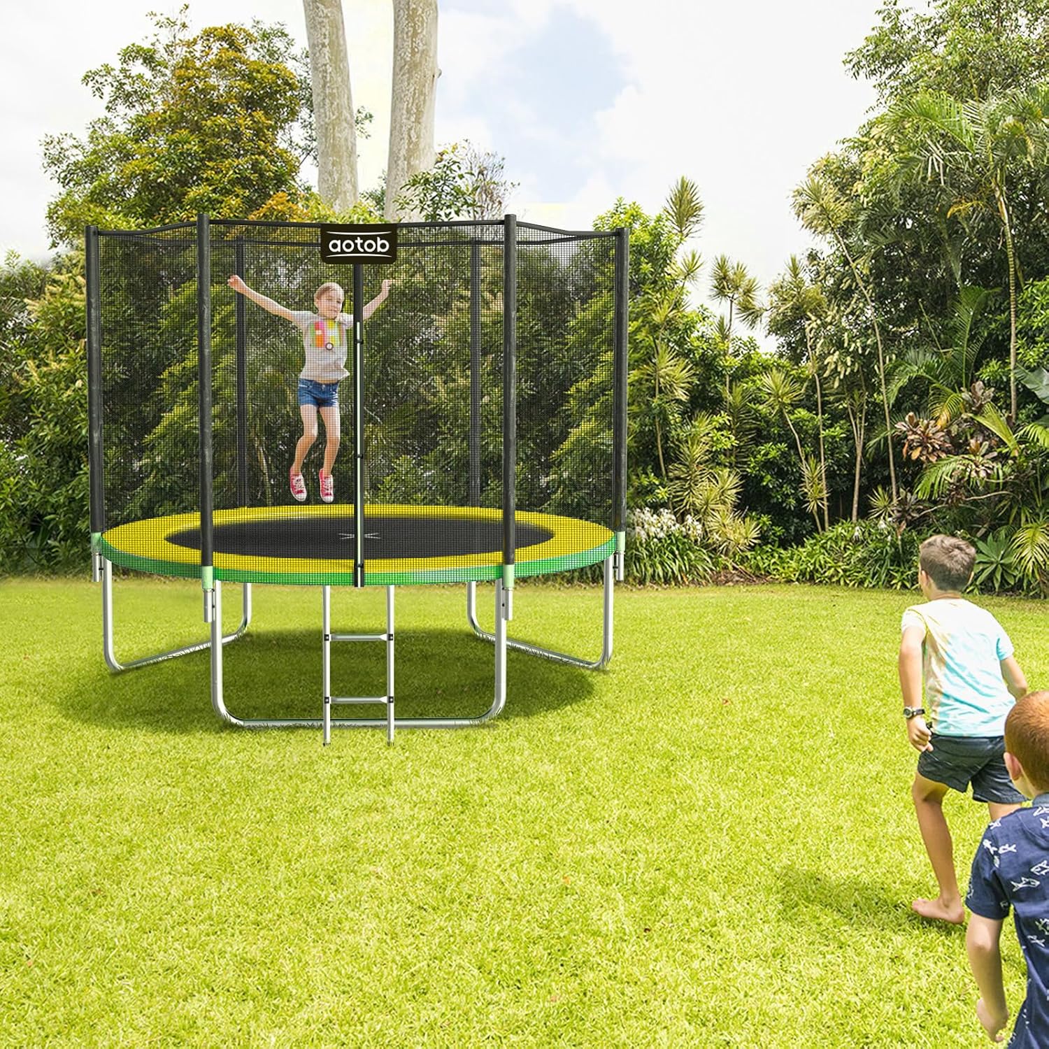 AOTOB 8FT 10FT 12FT 14 FT 15FT Trampoline with Safety Enclosure Net，Outdoor Trampoline with Basketball Hoop, Heavy Duty Jumping Mat and Spring Cover Padding for Kids and Adults, Storage Bag and Ladder wourant