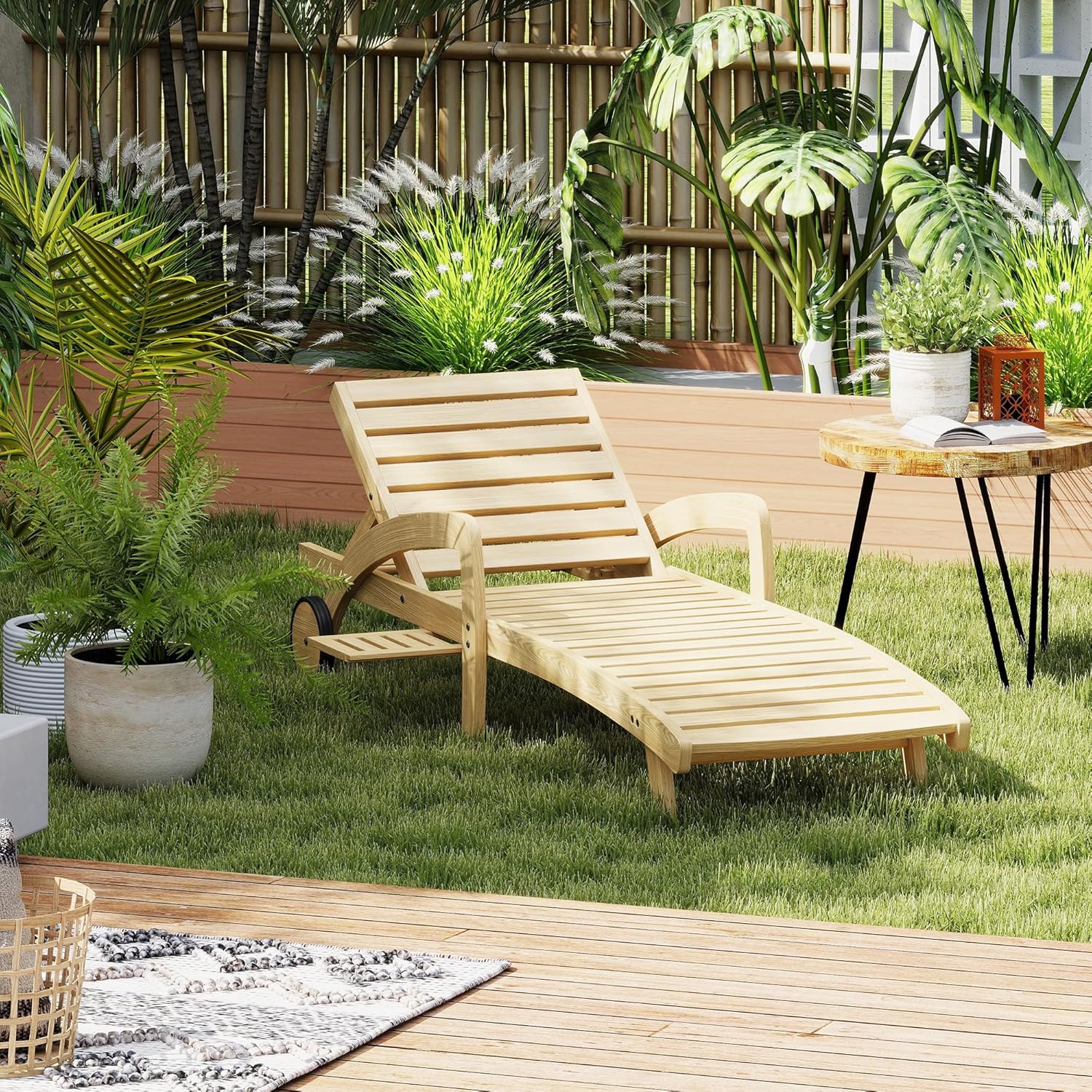 Pool Chaise Lounge Chairs Set of 4 5-Position Adjustable Outdoor Patio Lounge Chairs Wood Reclining Chaise Lounger Chair with Pullout Side Table wourant
