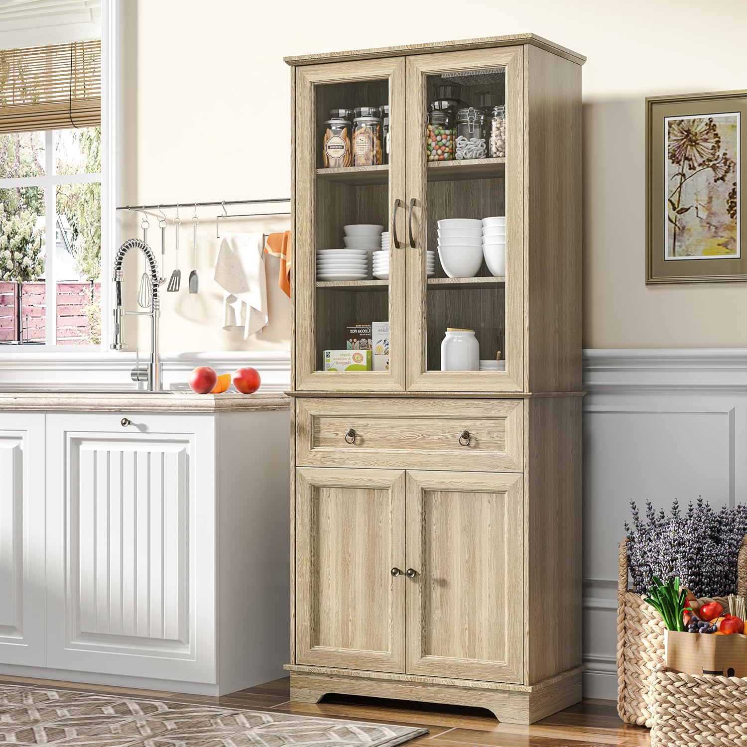 Kitchen Hutch Pantry Cabinet 71" Tall with Glass Doors wourant