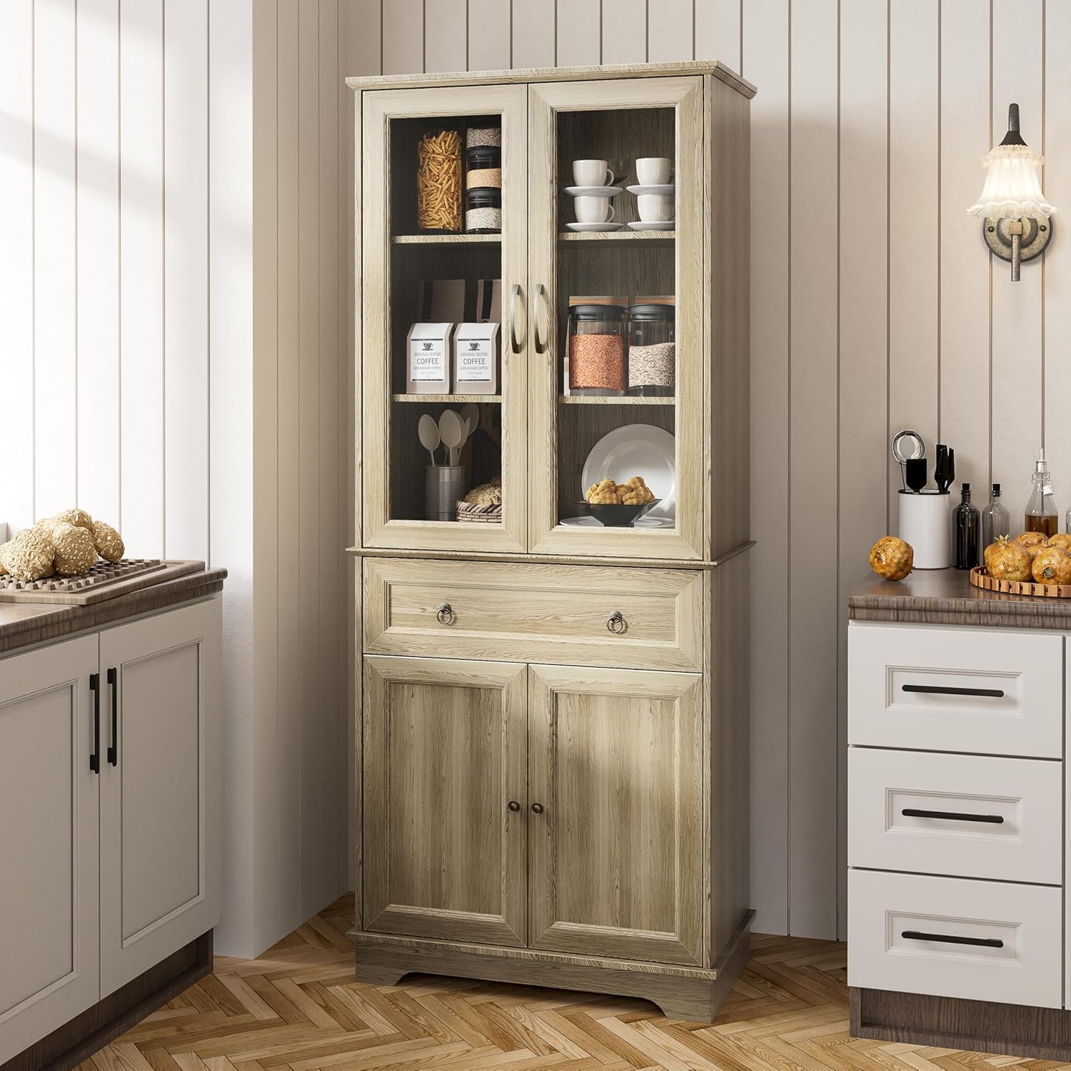 Kitchen Hutch Pantry Cabinet 71" Tall with Glass Doors wourant
