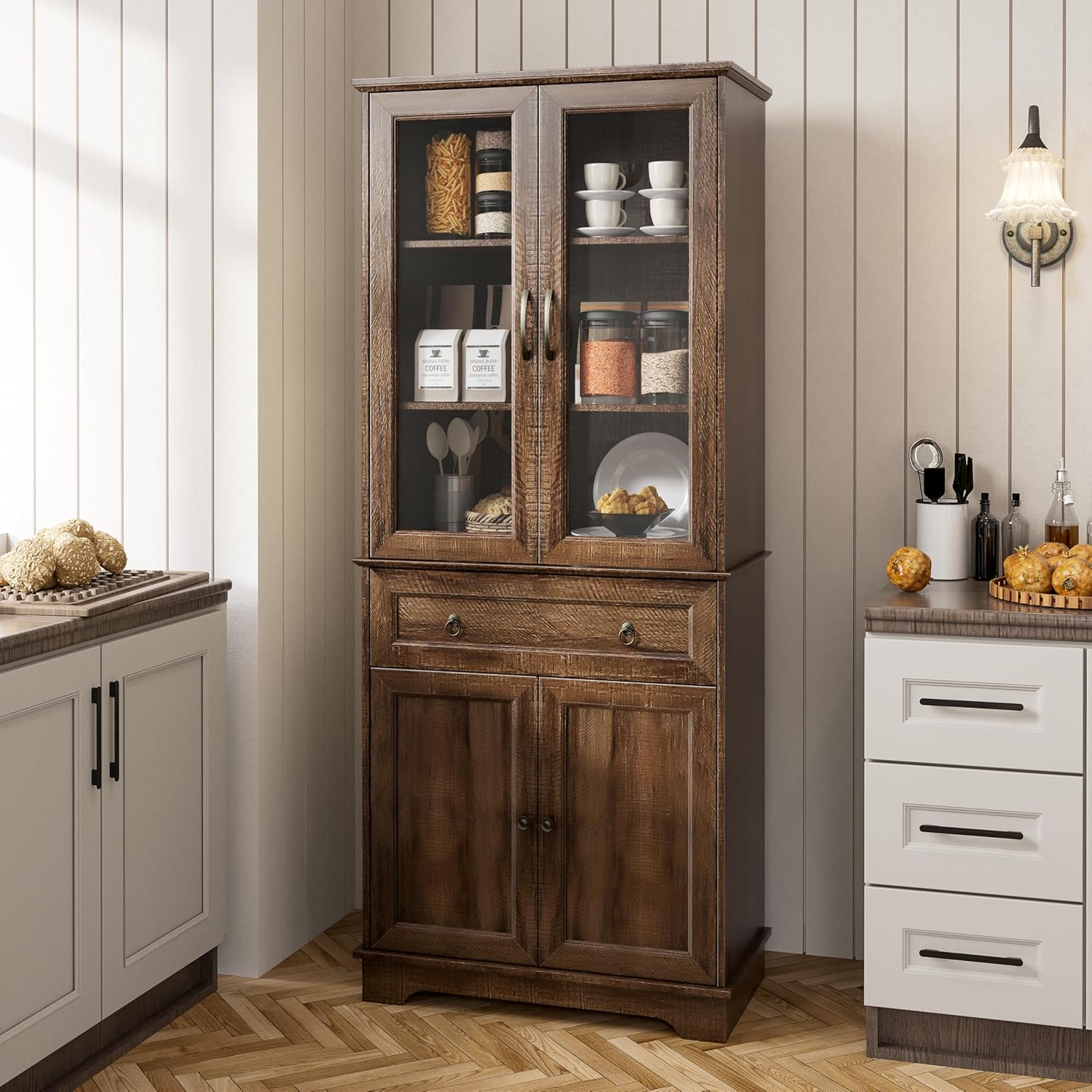 Kitchen Hutch Pantry Cabinet 71" Tall with Glass Doors wourant