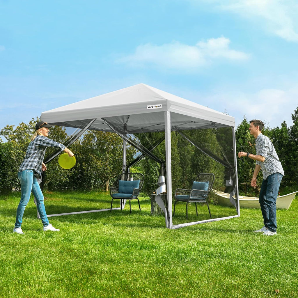 10x10ft Easy Pop-Up Canopy, Outdoor Screen Tent with Mosquito Netting, 2 Zipper Doors, and Roller Bag for Yard Camping Picnic Party Events, Beige wourant