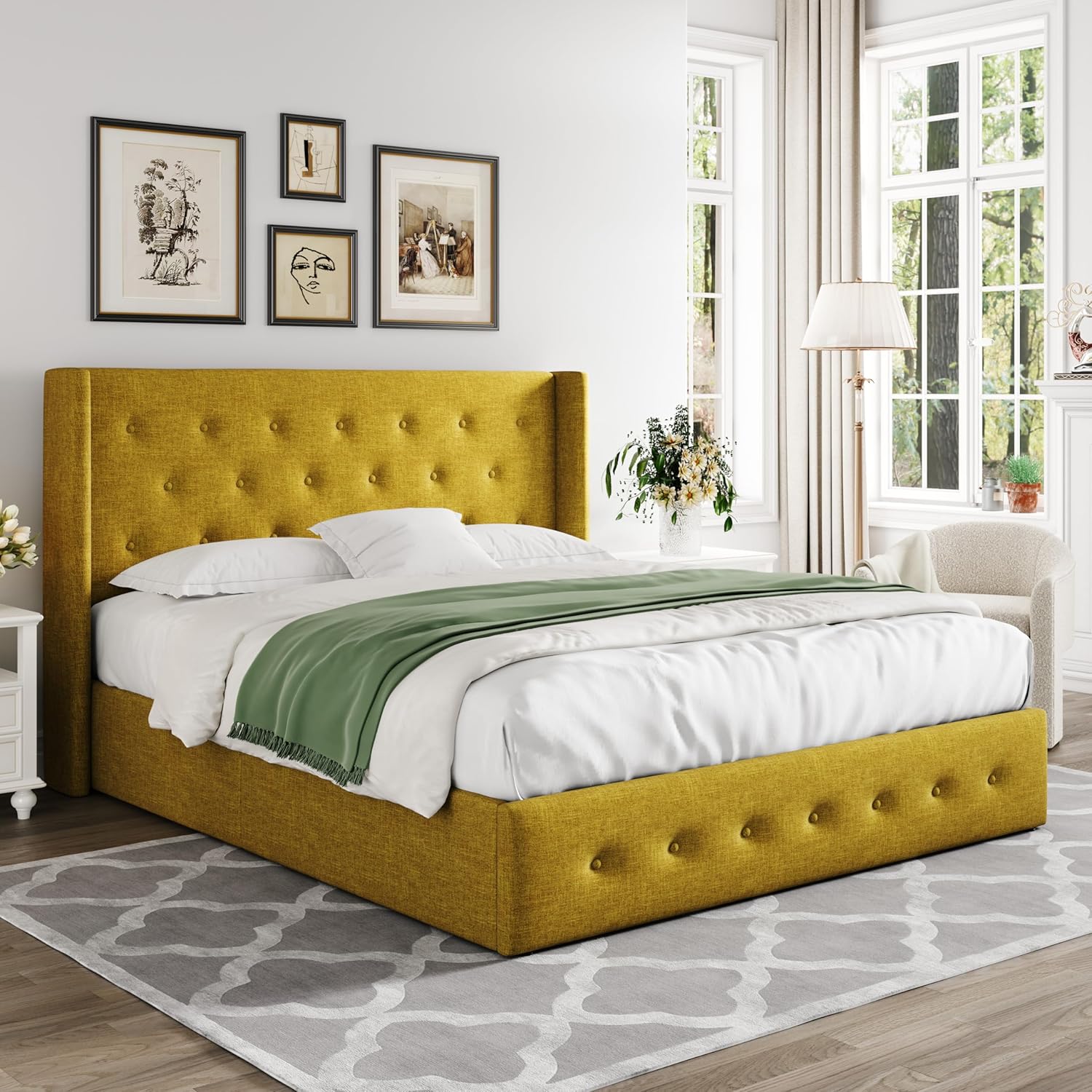 Allewie Queen Size Lift Up Storage Bed Modern Wingback Headboard Hydraulic Support wourant