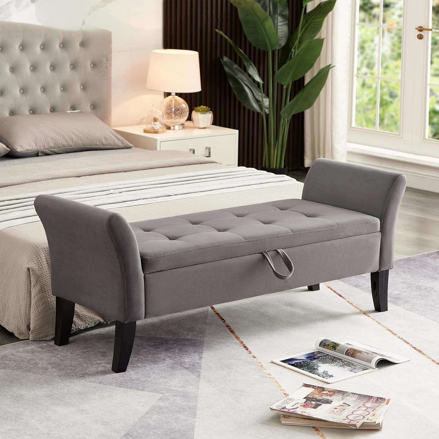 Furniliving Modern Storage Ottoman Bench, Sherpa Ottoman End of Bed Bench with Solid Wood Legs Upholstered Ottoman Benches with Storage Indoor Bench wourant