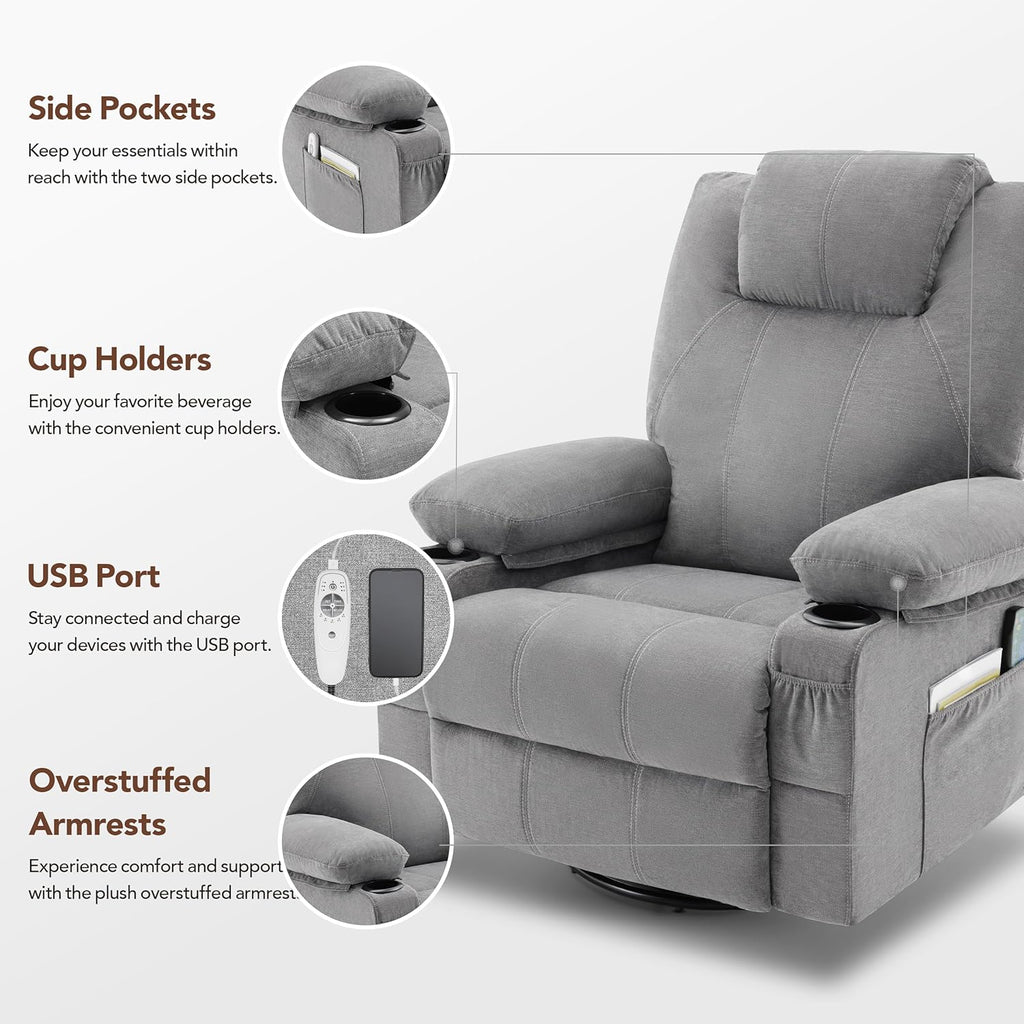Large Swivel Rocking Recliner with Heating and Massage Function, 360 Degree Swivel Rocking Single Sofa wourant