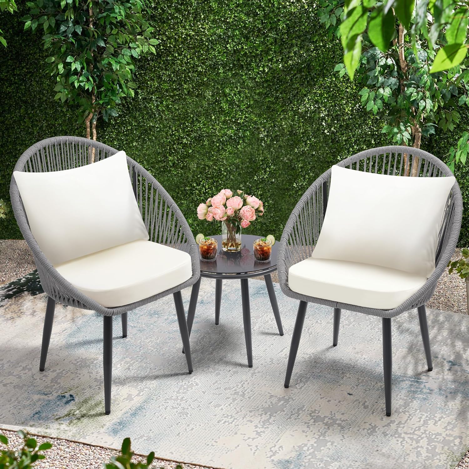 3 Piece Bistro Set, Woven Rope Chair with Cushions, All Weather Patio Conversation Set with Side Table, Ideal for Deck, Balcony, Poolside, Black wourant