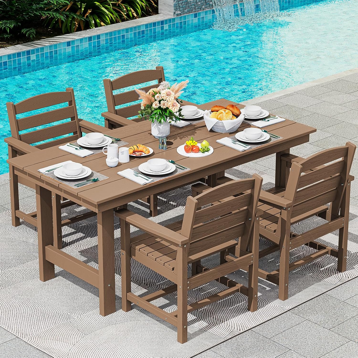 Outdoor HDPE Dining Table Set, 7-Piece Outdoor Dining Table Sets with Umbrella Hole Cut-Out Table and 6 Chairs wourant
