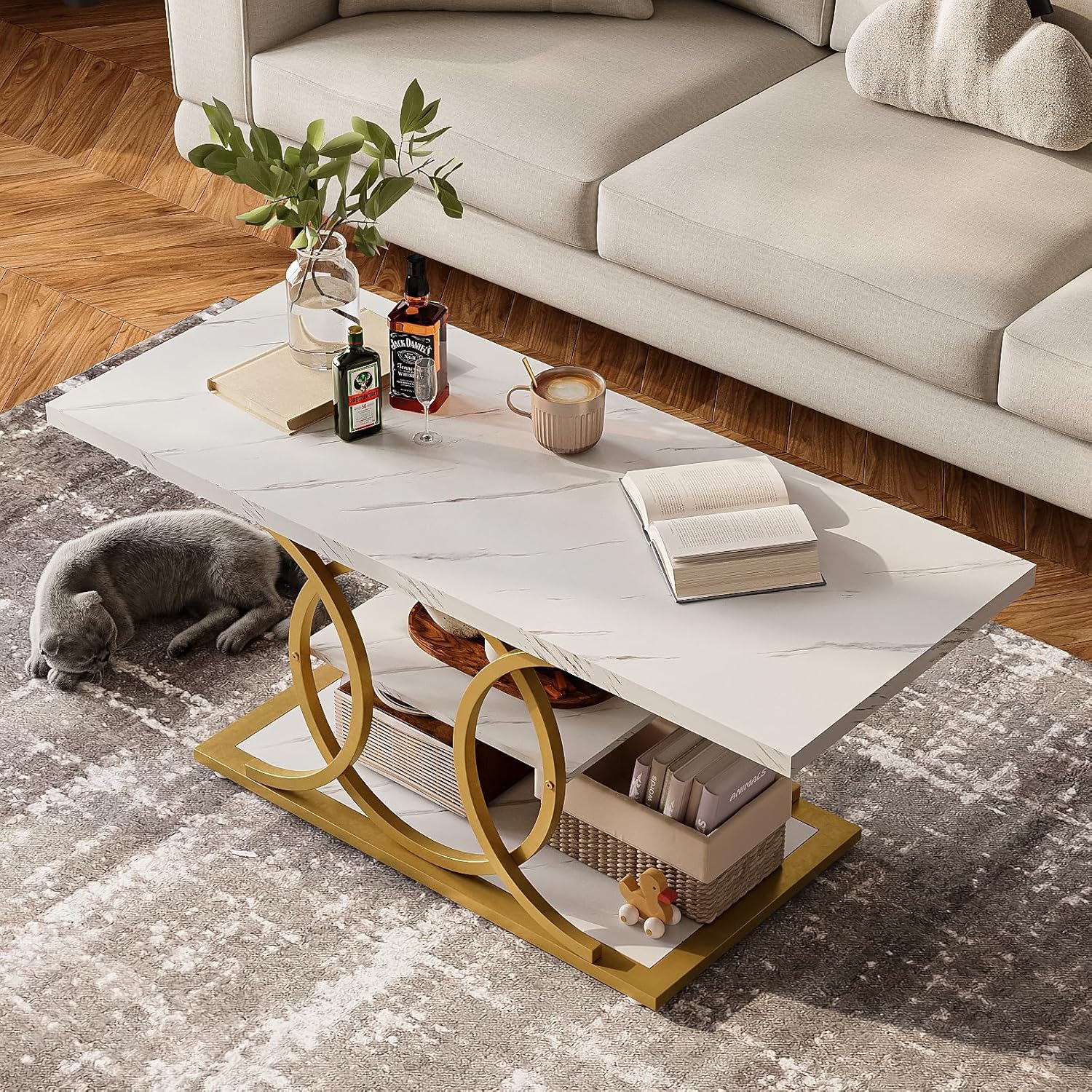 GiftGo Rustic Style Coffee Table Storage Industrial Style Three Tier Centerpiece Living Room Table wourant