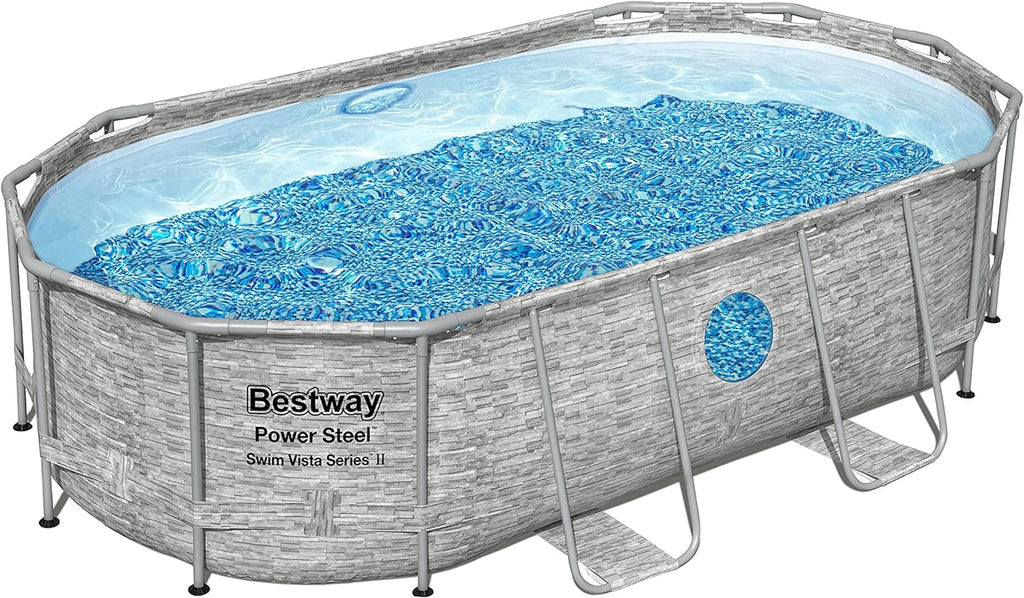 Power Steel 14' x 8'2" x 39.5" Oval Above Ground Pool Set | Includes 530gal Filter Pump, Ladder, ChemConnect Dispener wourant