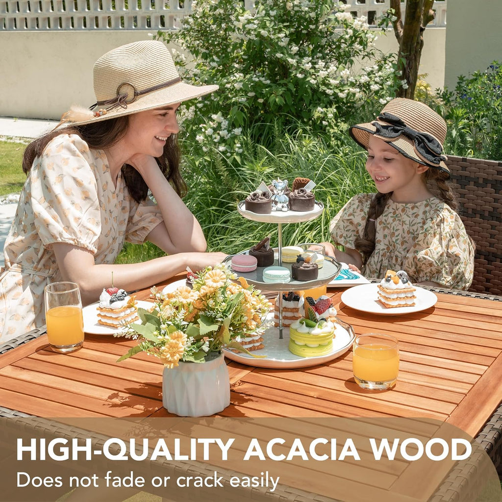 Devoko Dining 7 PCS Furniture, Patio Conversation Set with Acacia Wood Table Top, Rattan Outdoor, Black wourant