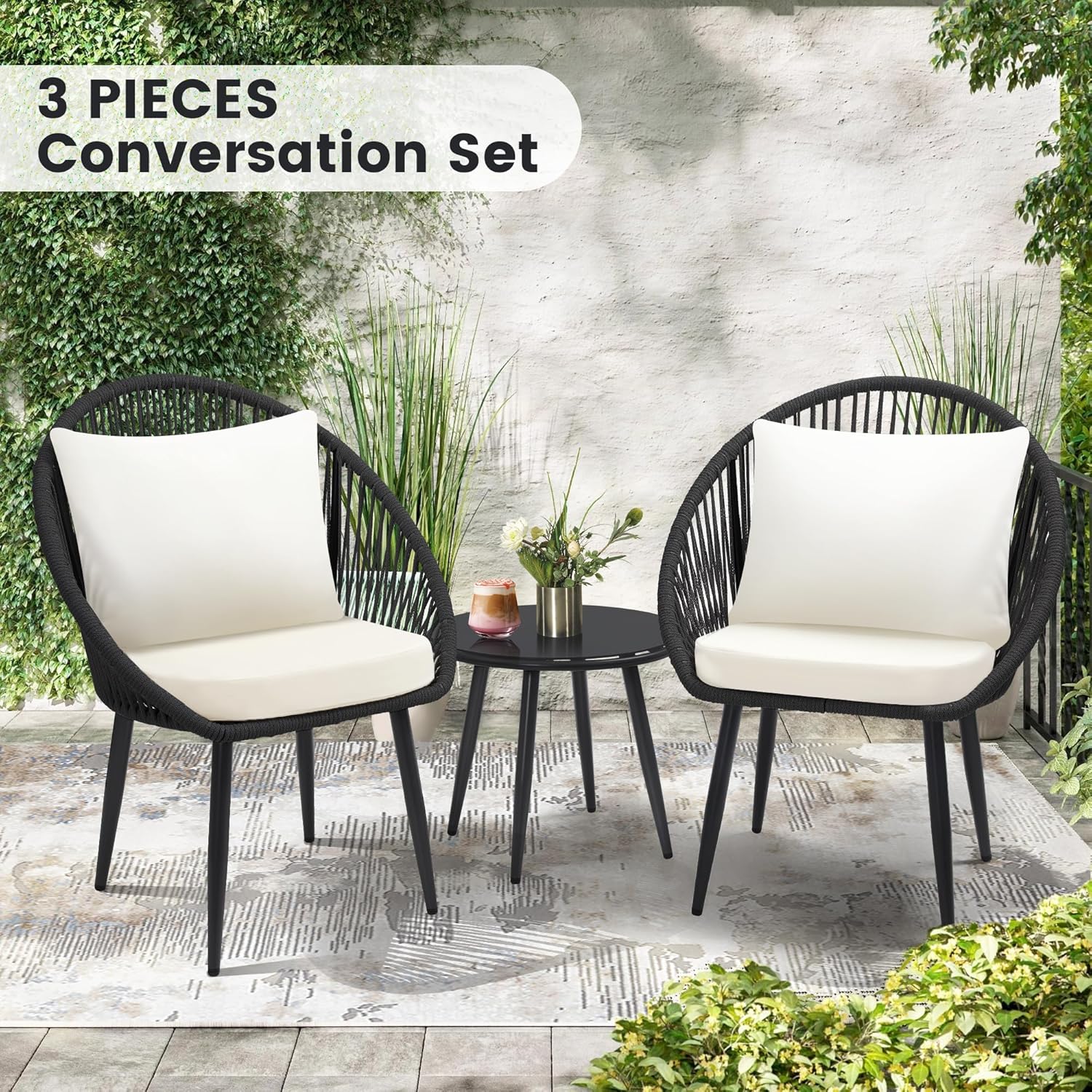 3 Piece Bistro Set, Woven Rope Chair with Cushions, All Weather Patio Conversation Set with Side Table, Ideal for Deck, Balcony, Poolside, Black wourant
