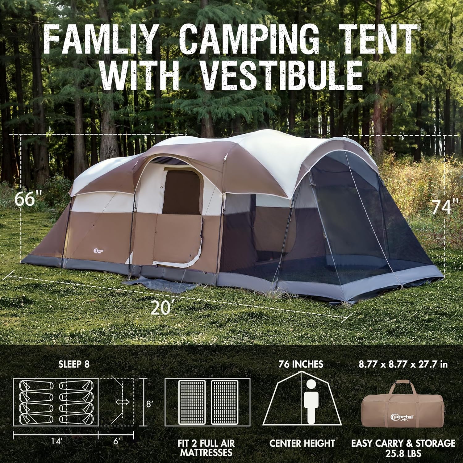 PORTAL 6/8/10 Person Family Camping Tent with Screen Room, Water Resistant Big Tunnel Tent with Rainfly, Large Family Tent for Outdoor Camping, Party wourant