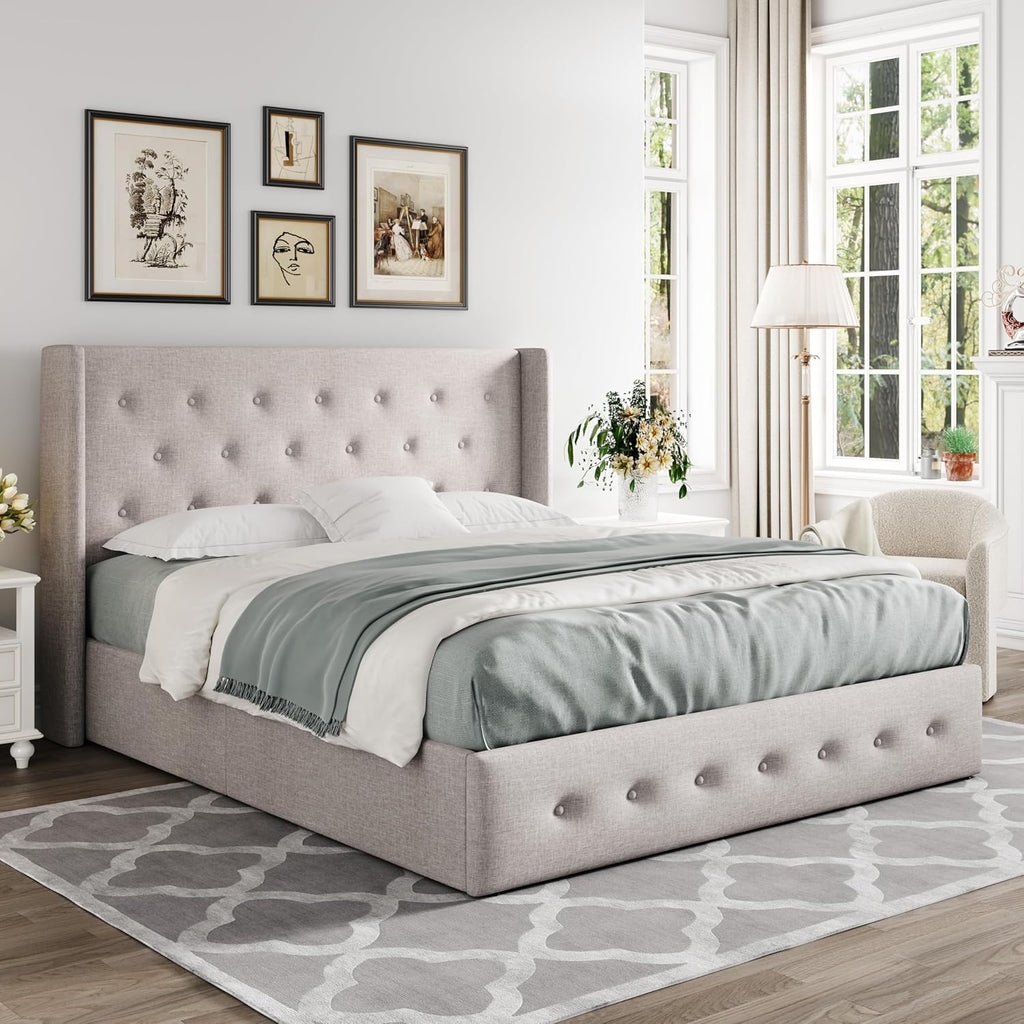 Allewie Queen Size Lift Up Storage Bed Modern Wingback Headboard Hydraulic Support wourant