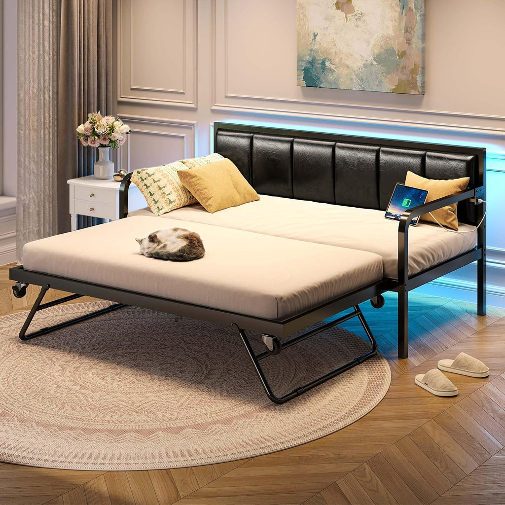 Rolanstar Daybed with Charging Station and LED Lights, Height Adjustable Twin Daybed with Trundle, Metal Sofa Bed Frame with Steel Slat Support wourant