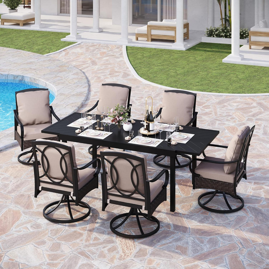 PHI VILLA 6-Piece Outdoor Dining Sets, All-Weather Patio Table and Chairs Set with Umbrella for 4, Heavy Duty Patio Round Table Set for Deck, 4 Extra Large Outdoor Swivel Chairs with Thick Cushions wourant