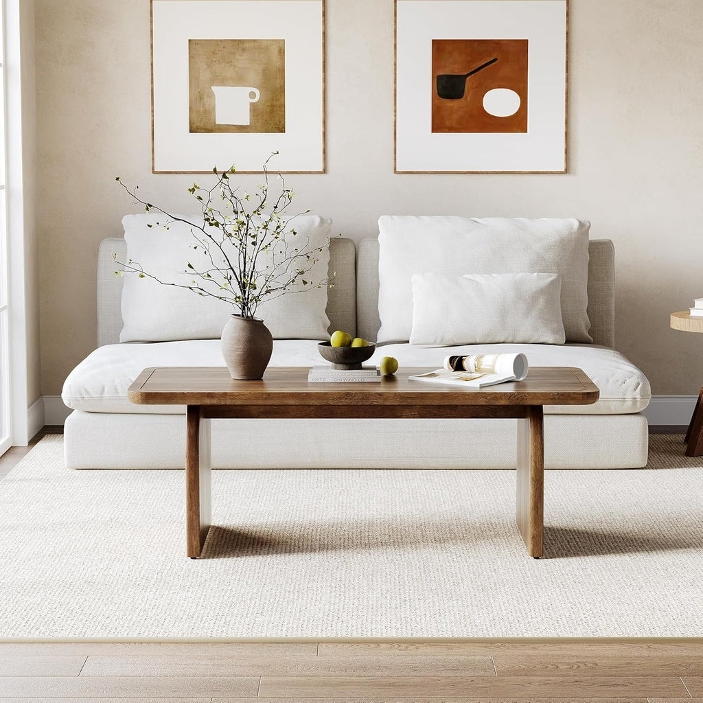 LITTLE TREE Farmhouse Coffee Table, 47 Inch Round Corner Wood Center Table, Rectangular Living Room Table, Modern Low Cocktail Tea Set wourant