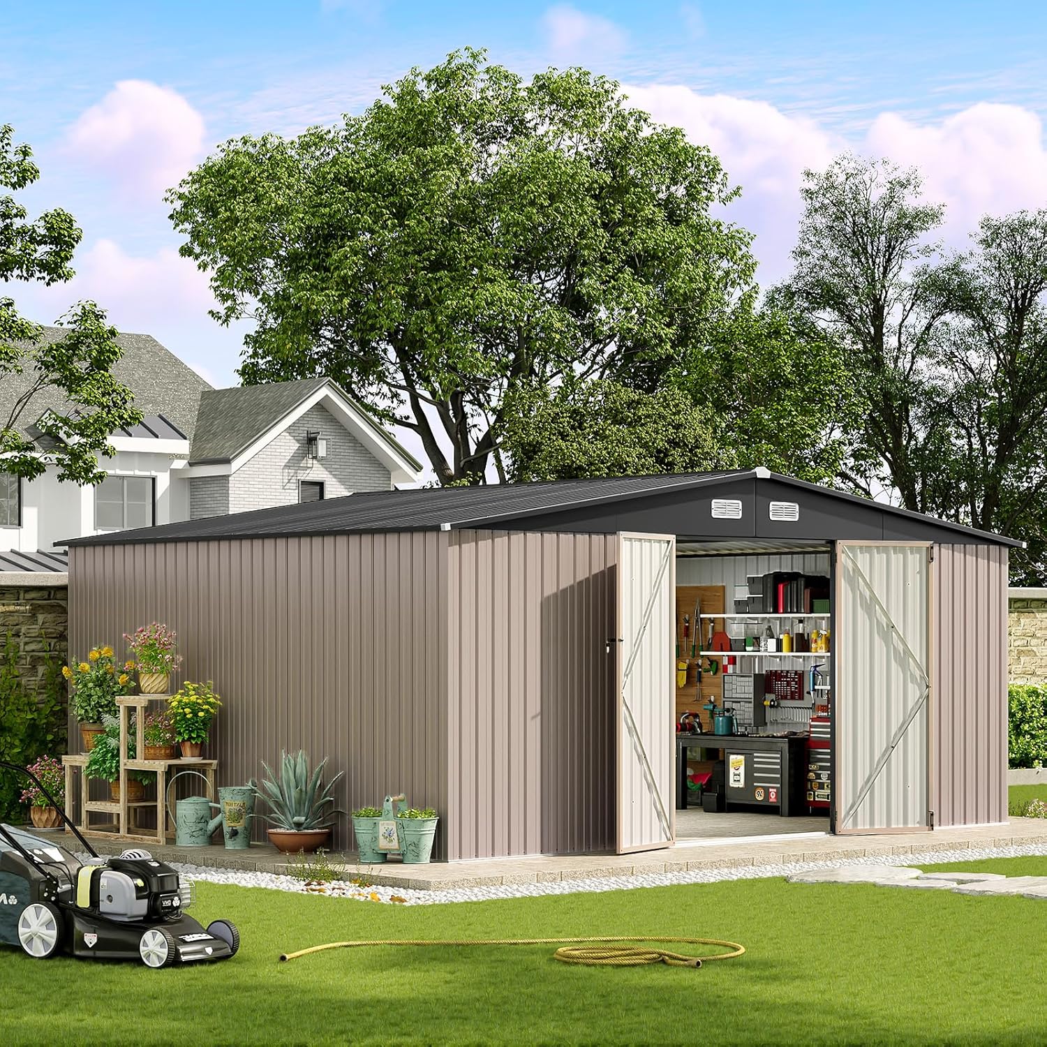 Aoxun 12x10 FT Shed Metal Outdoor Waterproof Storage Shed Steel Utility Garden Tool Shed with Door & Lock Outdoor Storage for Garden Patio Lawn Poolside, Brown wourant