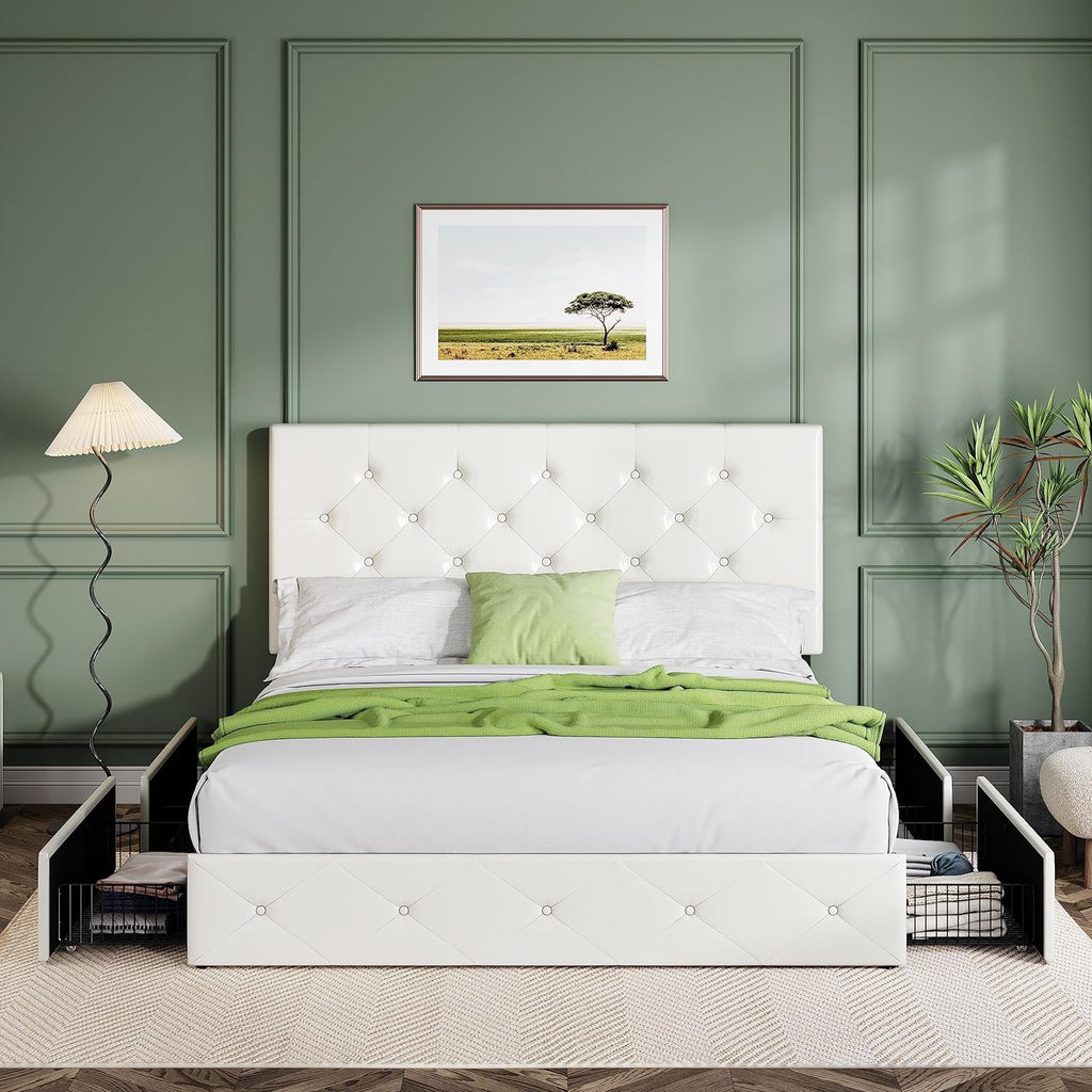 Allewie Upholstered Queen Size Platform Bed Frame with 4 Storage Drawers and Headboard wourant