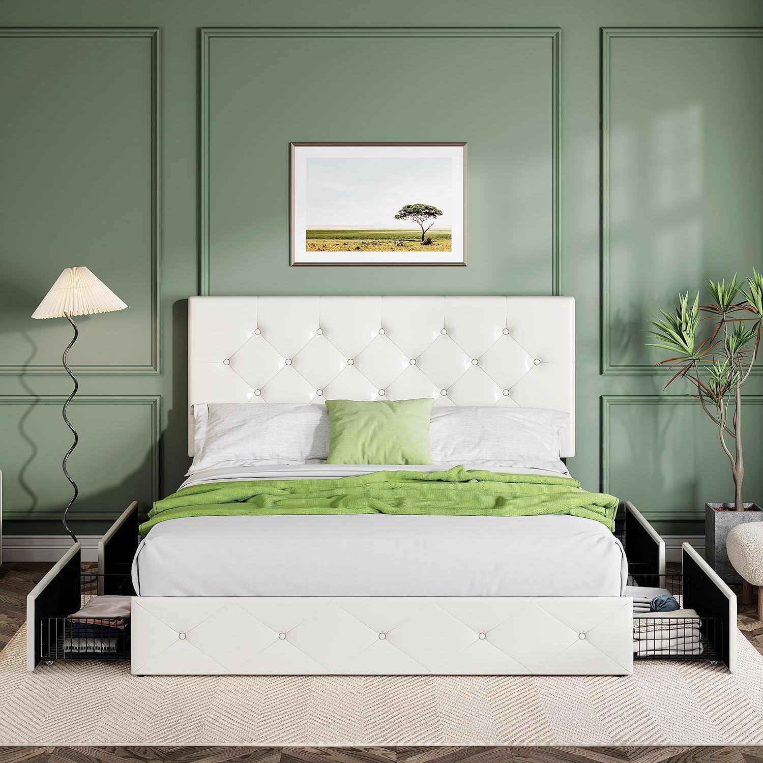 Allewie Upholstered Queen Size Platform Bed Frame with 4 Storage Drawers and Headboard wourant