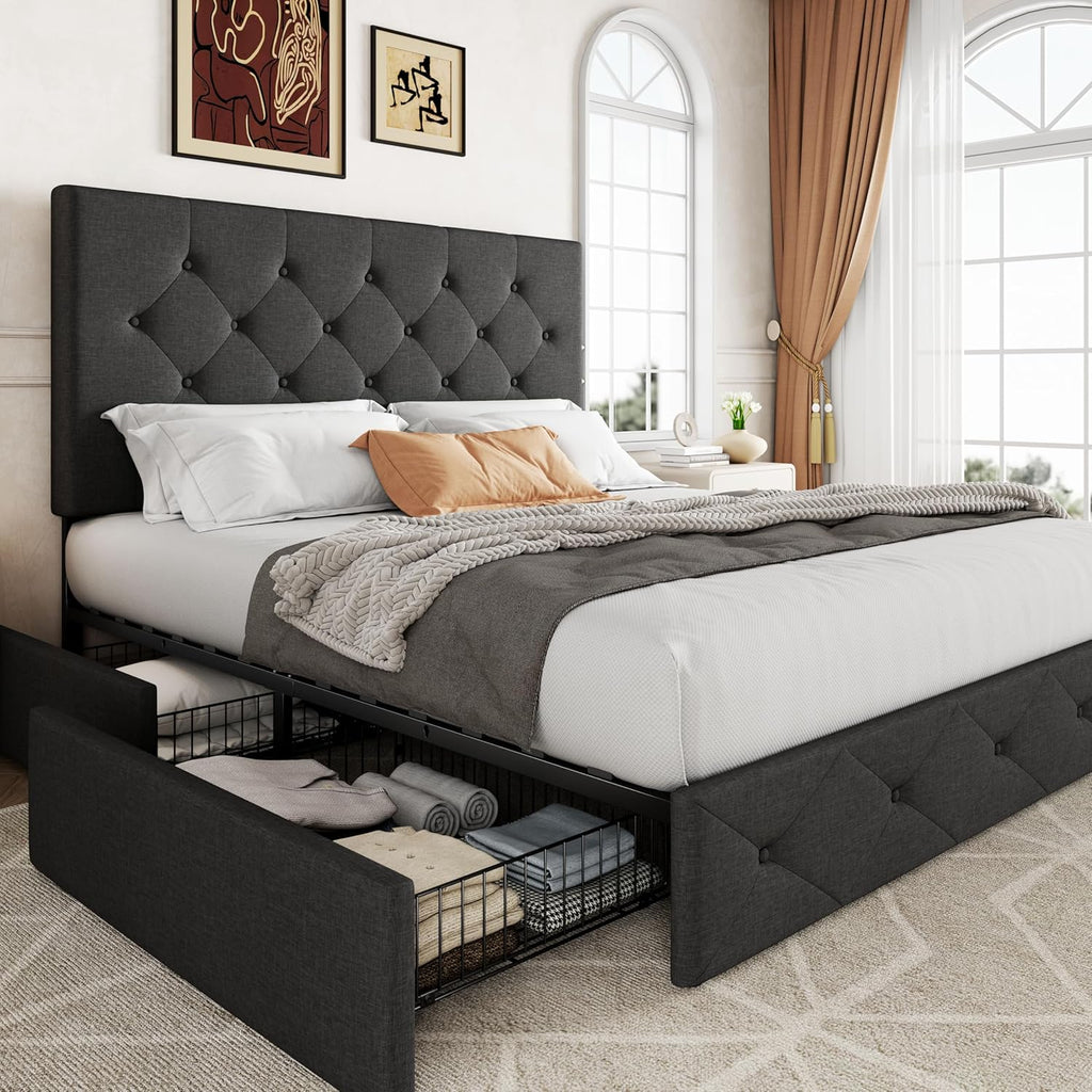 Allewie Upholstered Queen Size Platform Bed Frame with 4 Storage Drawers and Headboard wourant