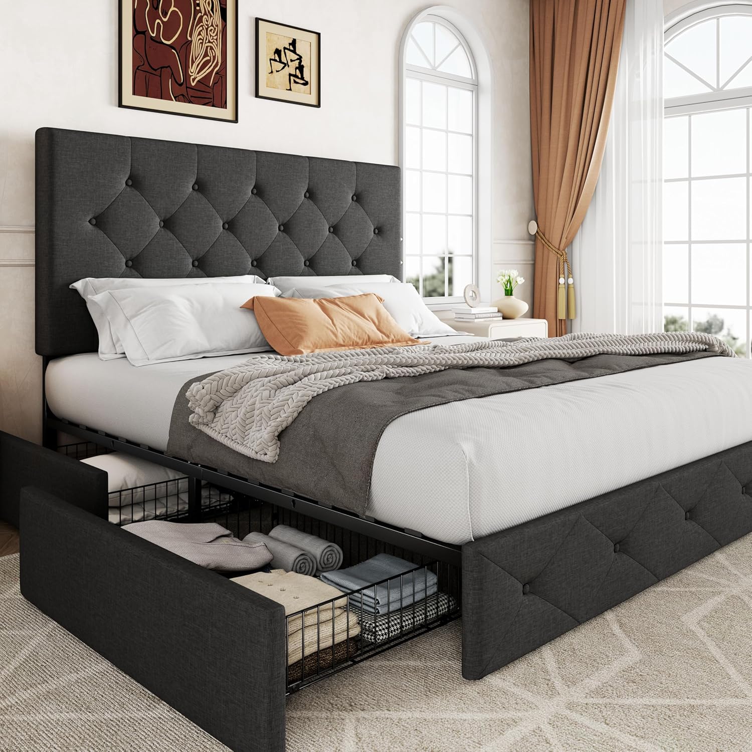 Allewie Upholstered Queen Size Platform Bed Frame with 4 Storage Drawers and Headboard wourant