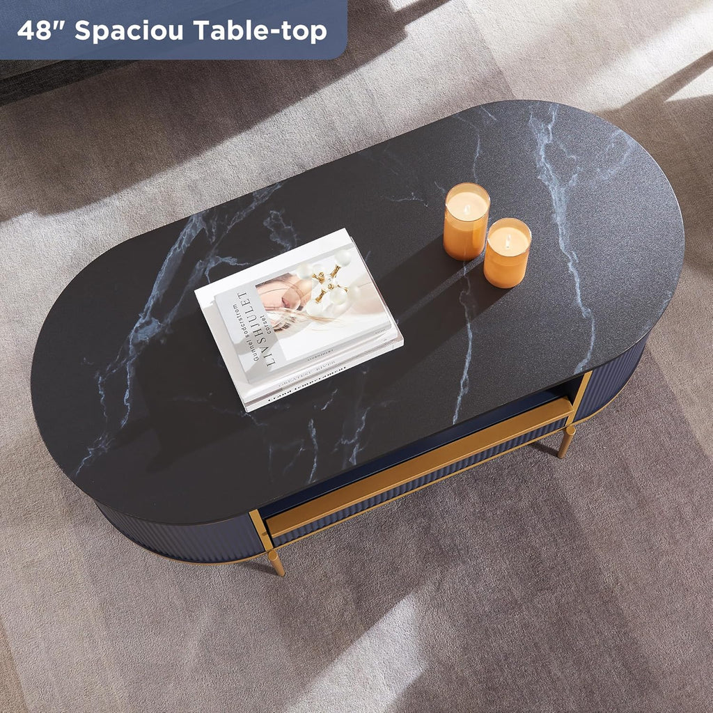 OKD Modern Luxury Grooved Coffee Table, 48 Inch Oval Coffee Table with Drawers, Imitation Marble Top, Curved Contour Design, Gold Metal Trim, Living Room Center Table wourant