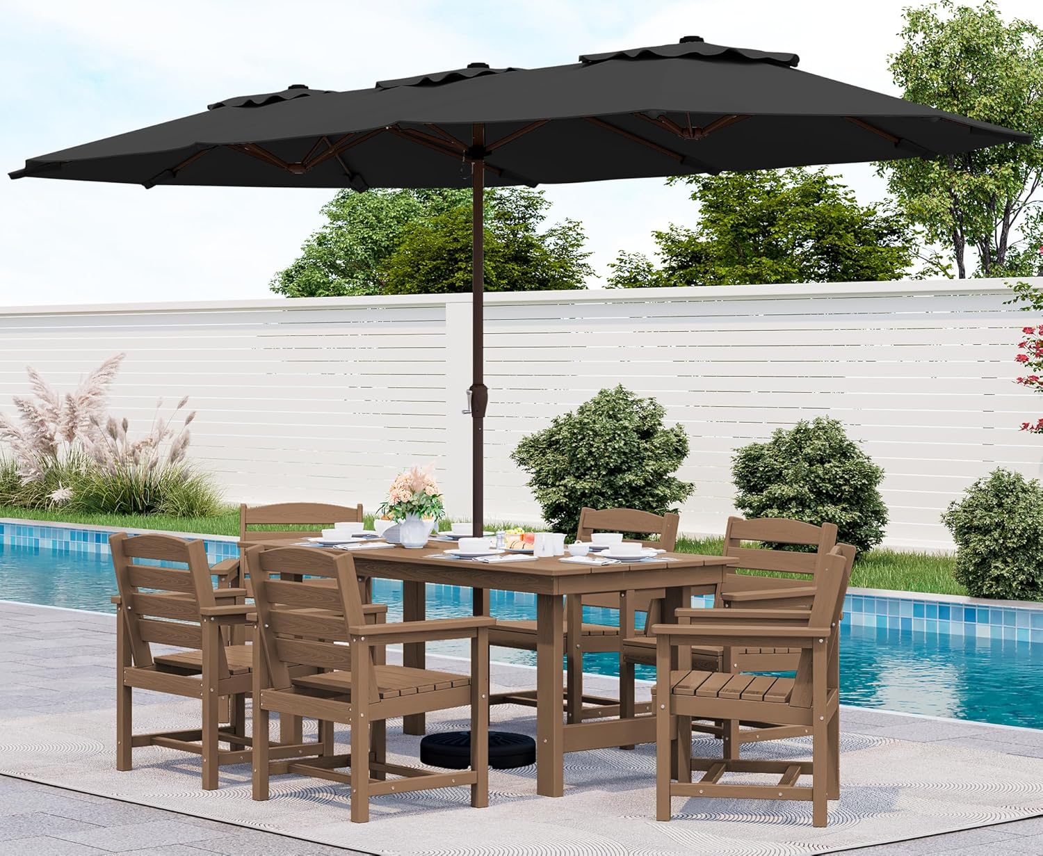 Outdoor HDPE Dining Table Set, 7-Piece Outdoor Dining Table Sets with Umbrella Hole Cut-Out Table and 6 Chairs wourant