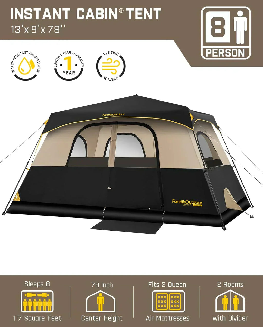 Portable camping tent for 4/6/8/10 people with instant cabin and rainproof and windproof wourant