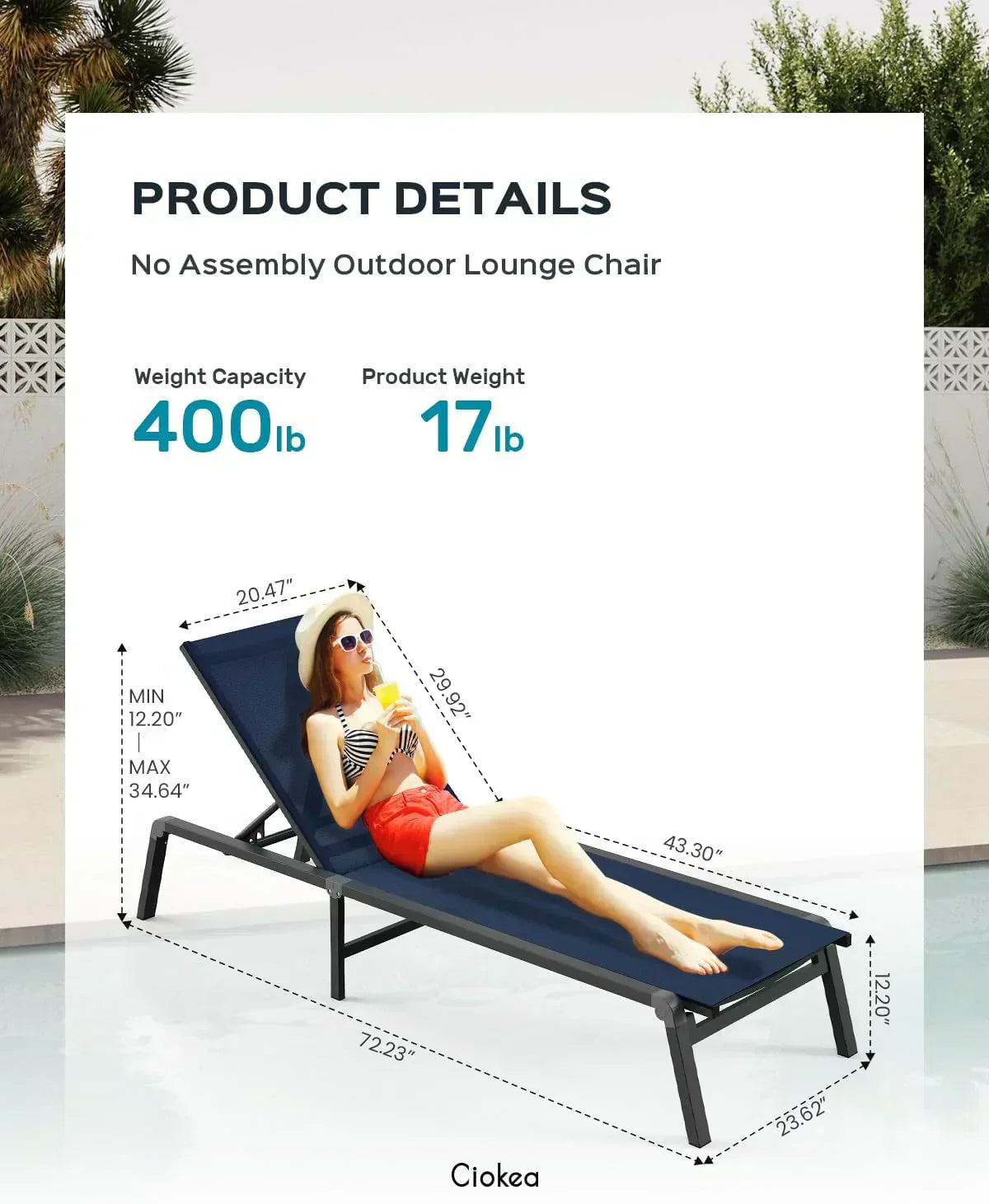 Aluminum Chaise Lounge Outdoor Foldable Assemble Free Outdoor Lounge Chair 5 Adjustable Backrest wourant