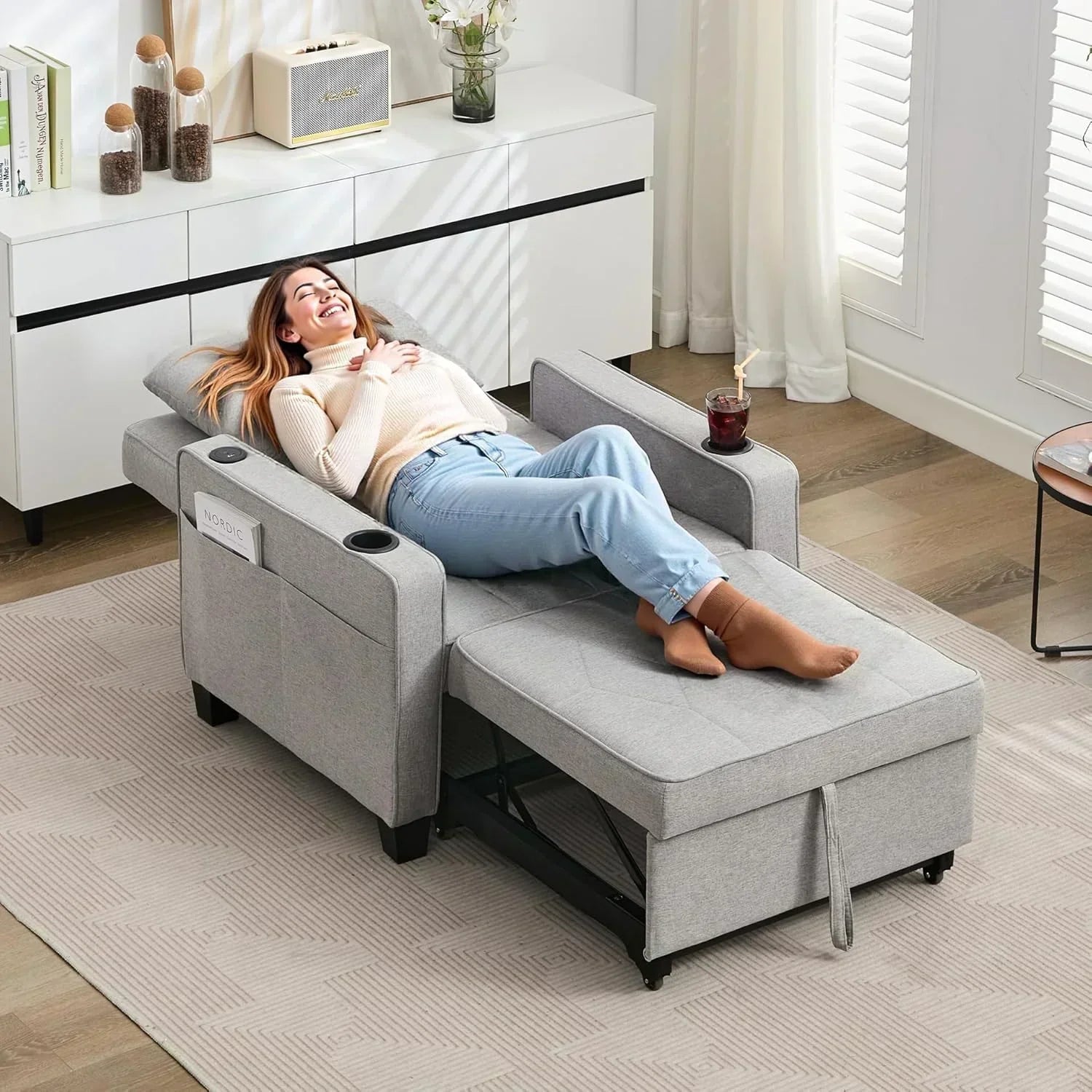 Adult Convertible Sleeper Chair Bed 3-in-1 Pull-Out Sofa Bed with USB/Type-C Ports Cup Holders wourant