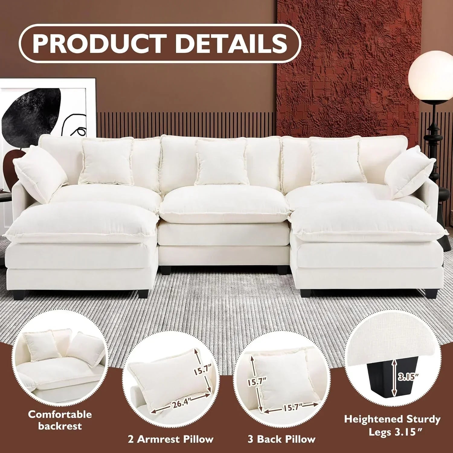 111.4 Inch L Shaped Modern Sofa Modular Cloud Sofa with Ottoman 4 Seater Chenille Deep Seat Sofa wourant