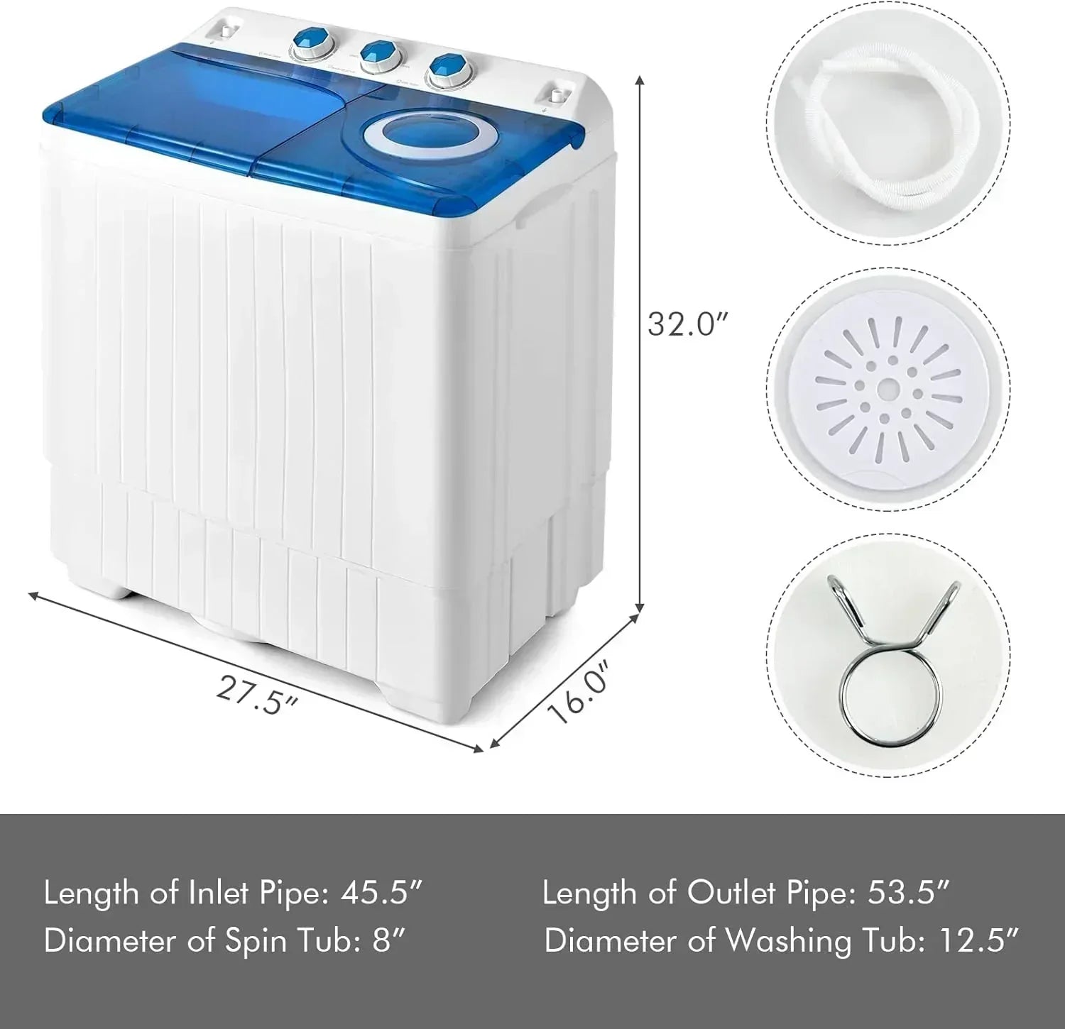 COSTWAY Double Tub 26 lb Capacity Laundry 18 lb 8 lb Spin Combo Drain Pump Washing Machine wourant