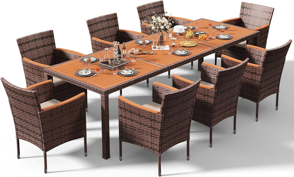 Devoko Dining 7 PCS Furniture Patio Conversation Set with Acacia Wood Table Top Rattan Outdoor wourant
