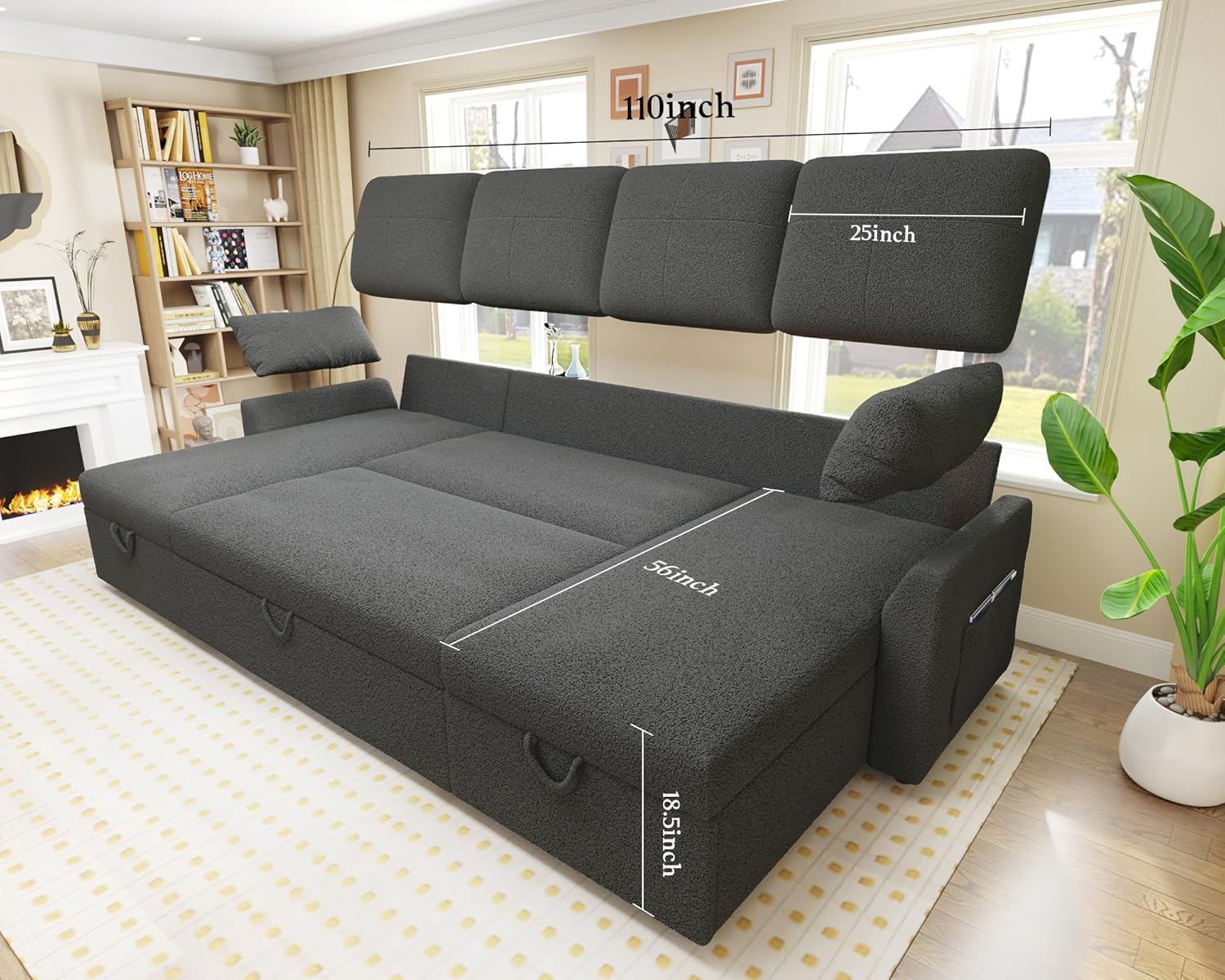 VanAcc Sofa Bed Sleeper Sofa with Storage Chaise 2 in 1 Pull Out Couch Living Room wourant