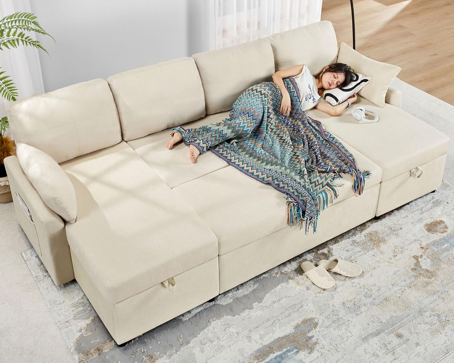 VanAcc Sofa Bed Sleeper Sofa with Storage Chaise 2 in 1 Pull Out Couch Living Room wourant