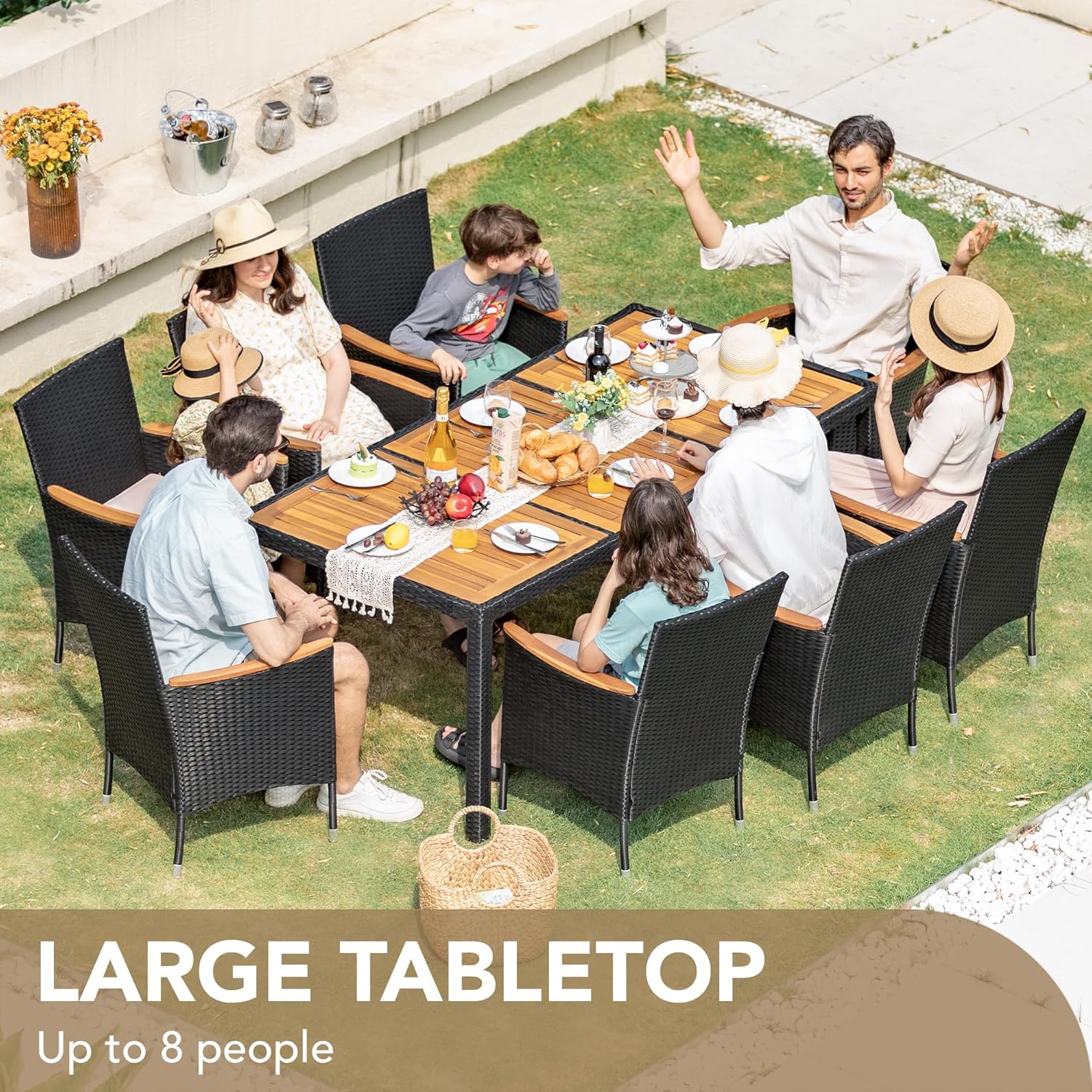 Devoko Dining 7 PCS Furniture Patio Conversation Set with Acacia Wood Table Top Rattan Outdoor wourant