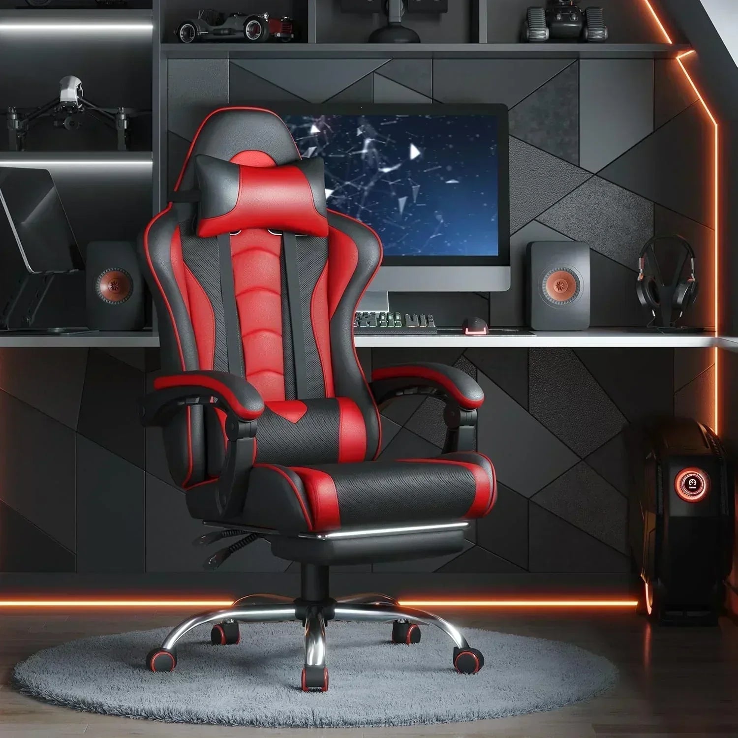 Gaming Chair with Massage Lumbar Support and Footrest Height Office Gaming Chair wourant