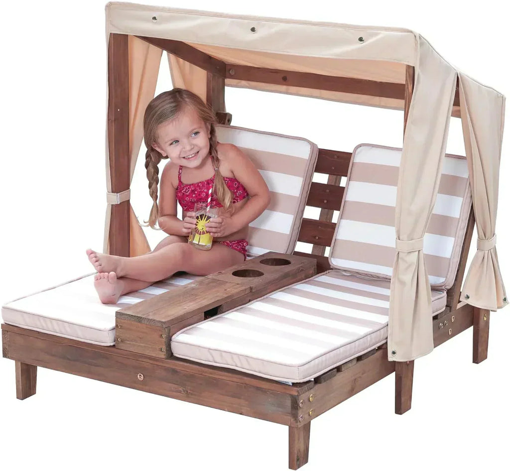 KidKraft Wooden Outdoor Double Chaise Lounge with Cup Holders Kids Patio Furniture Honey wourant