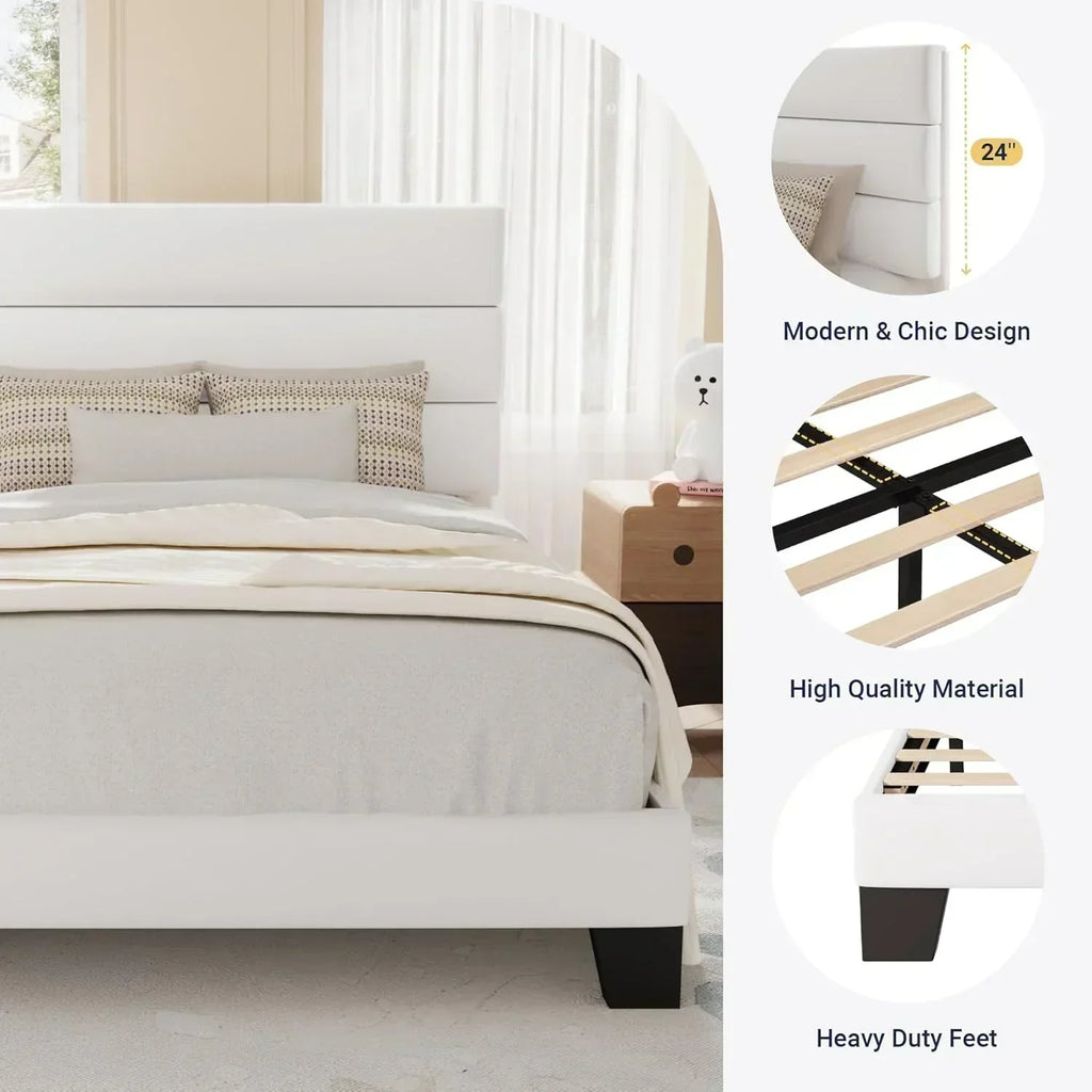Allewie Queen Size Platform Bed Frame with Fabric Upholstered Headboard Wooden Slats Support wourant
