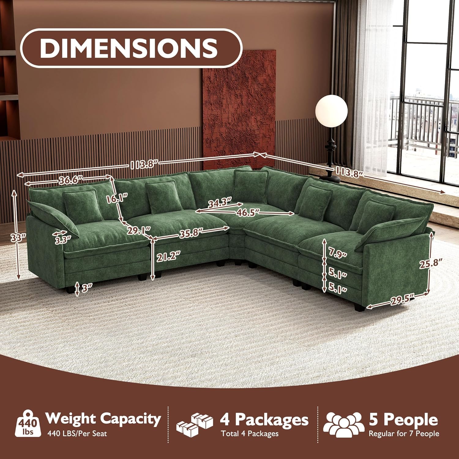 ihanherry 146-inch U-shaped modern sofa modular area cloud sofa wourant