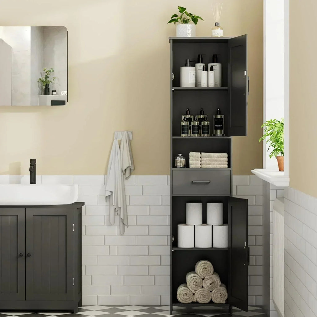 Homhedy 67" H Tall Bathroom Storage Cabinet with 2 Barn Doors and 1 Drawer Narrow Storage Unit wourant