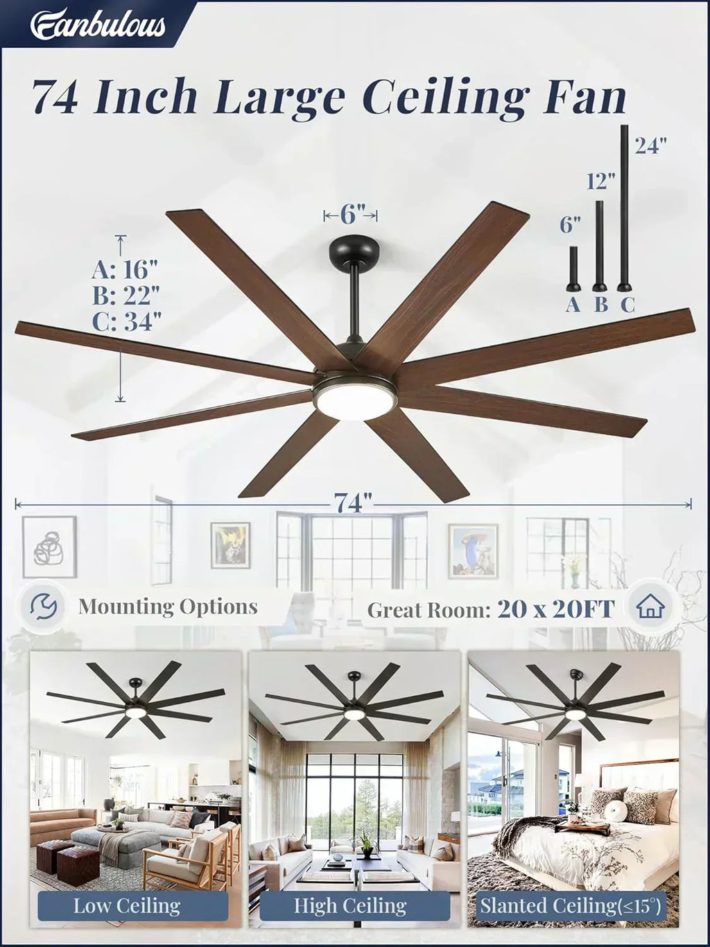 Ceiling Fan Indoor/Outdoor 8 Blades 65 inches wourant