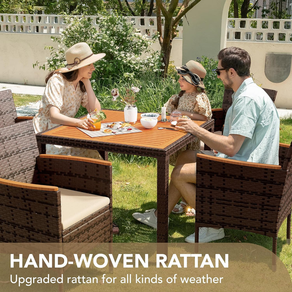 Devoko Dining 7 PCS Furniture Patio Conversation Set with Acacia Wood Table Top Rattan Outdoor wourant
