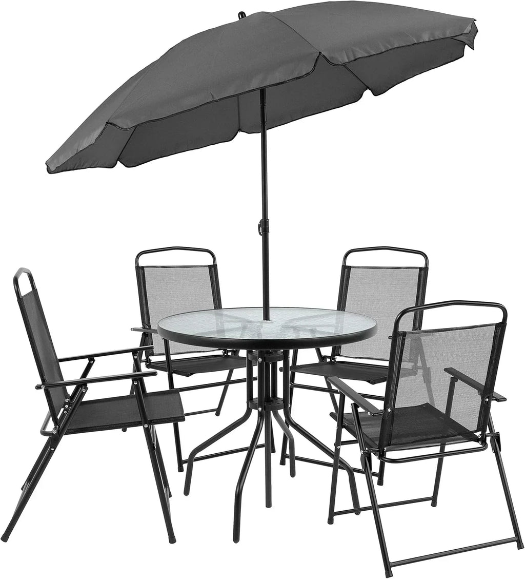 EMMA + OLIVER 6 Piece Brown Patio Garden Set with Umbrella Table Set of 4 Folding Chairs wourant