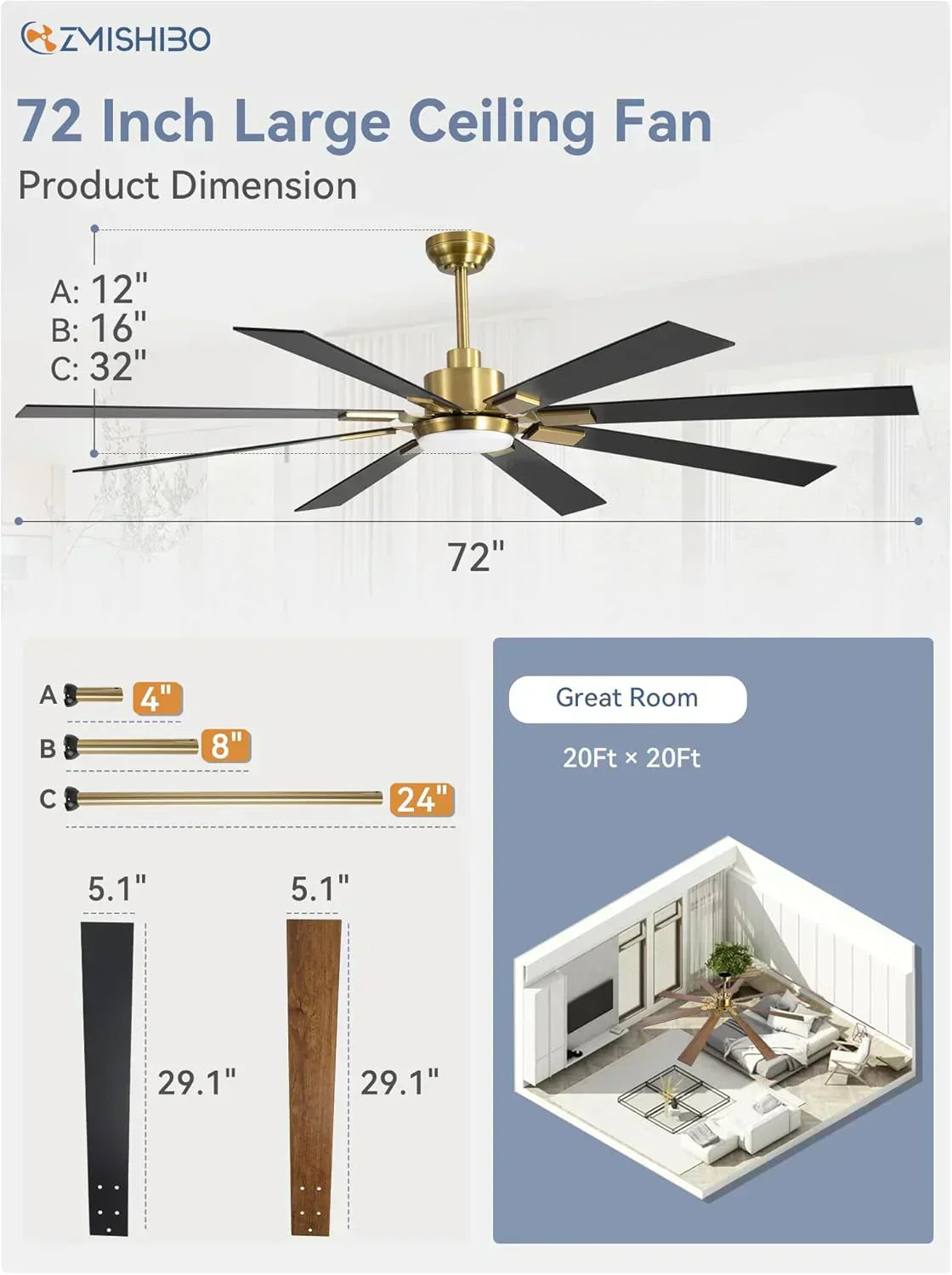 Zmishibo 72-inch large ceiling fan with lighting and remote indoor/outdoor wourant