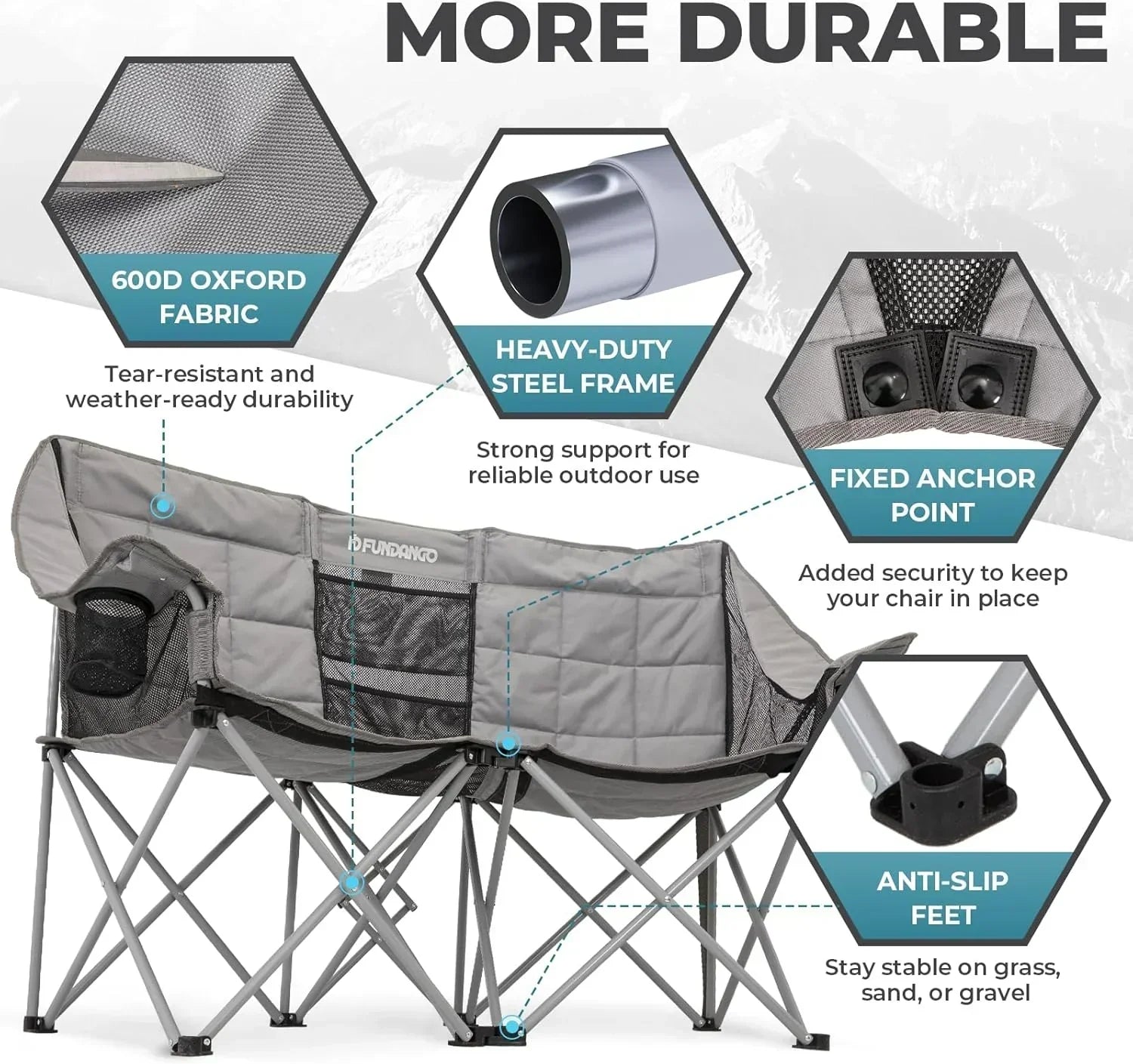 Double Camping Chair Cooler 3-Person Folding Extra Large Camping Chair 1000-Pound Capacity wourant