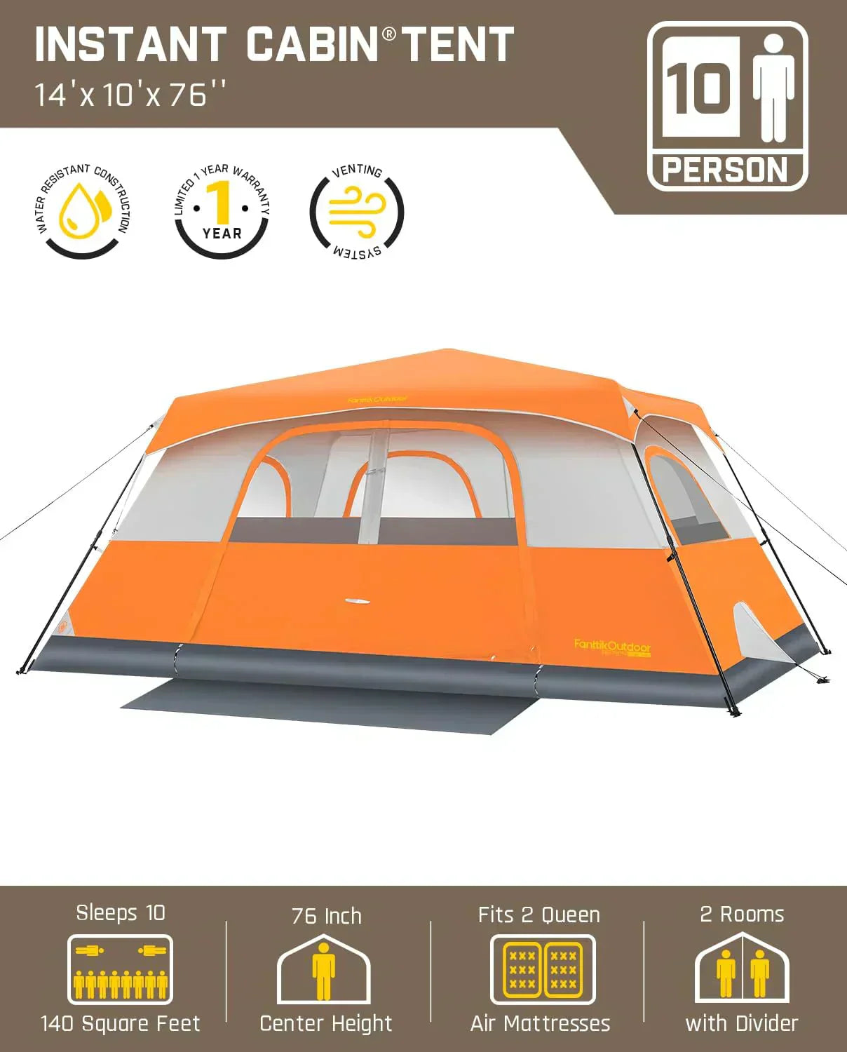 Portable camping tent for 4/6/8/10 people with instant cabin and rainproof and windproof wourant