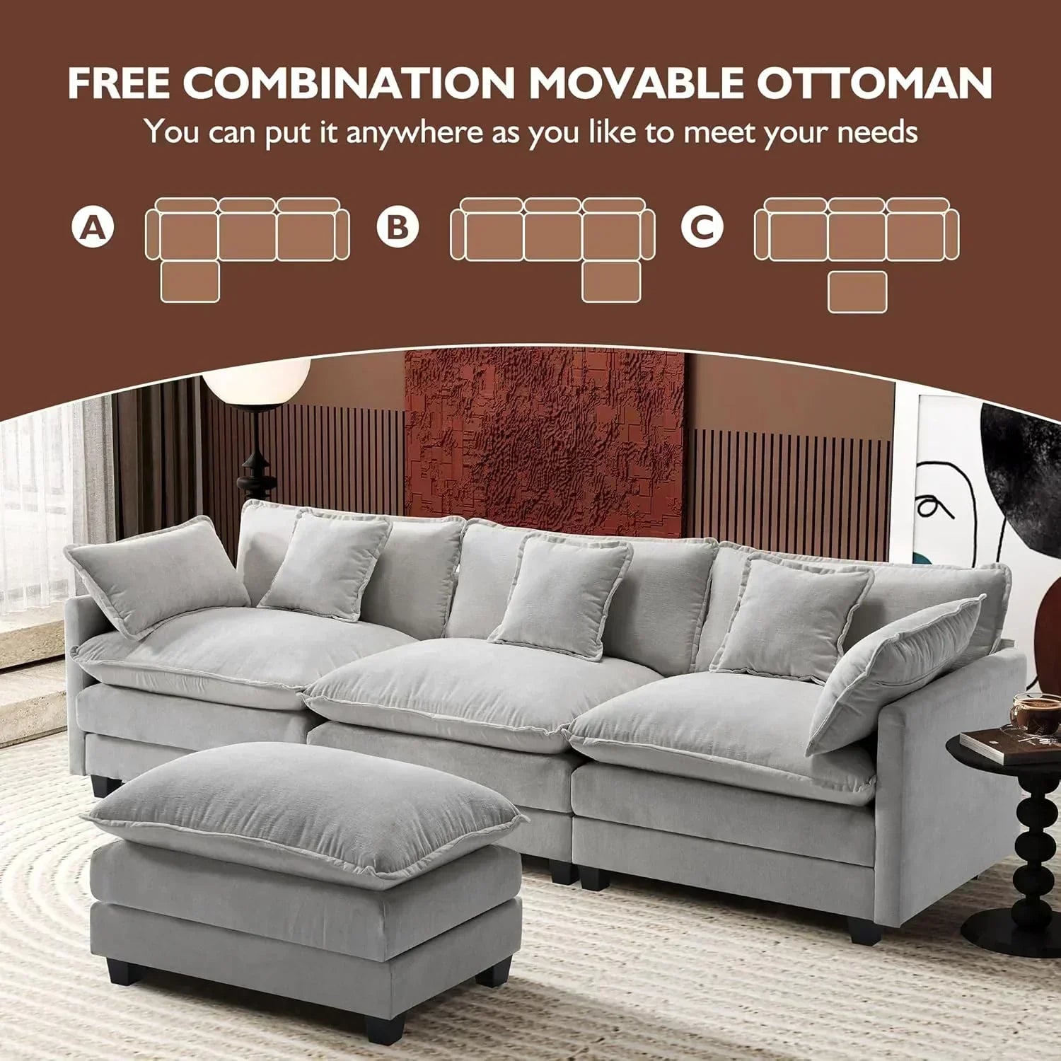 111.4 Inch L Shaped Modern Sofa Modular Cloud Sofa with Ottoman 4 Seater Chenille Deep Seat Sofa wourant